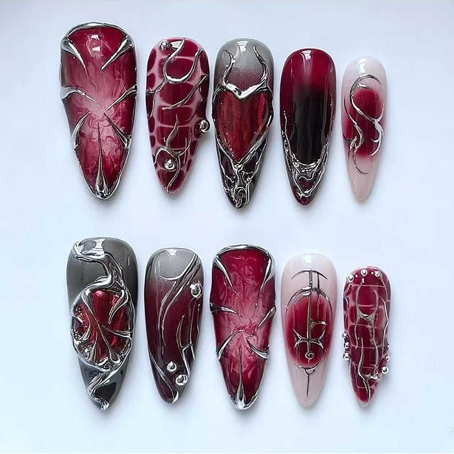 Blue French Tip Press-On Nails - 24 Pcs Medium Almond Acrylic with Pearl Glossy Designs & 3D Bow | DIY Manicure Decor
