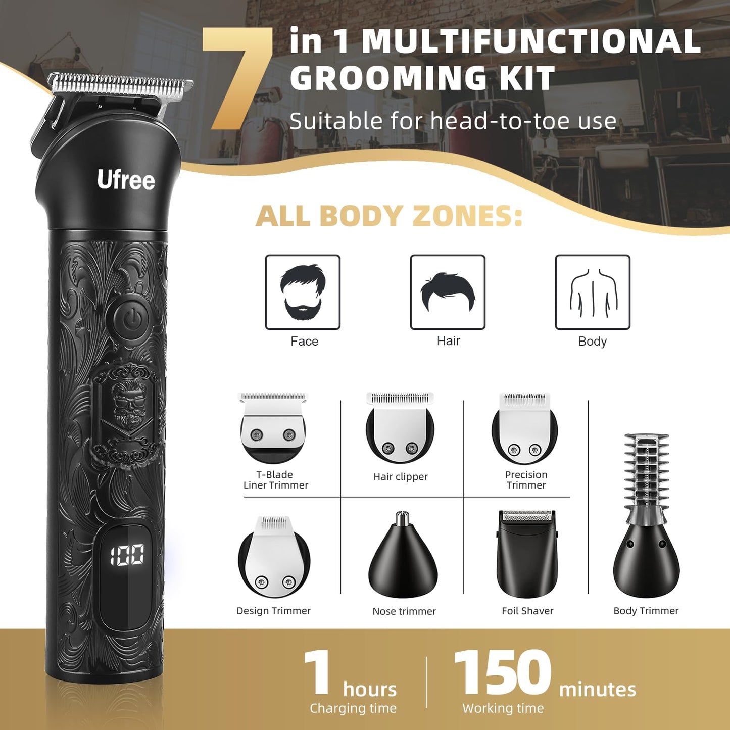 Ufree Beard Trimmer for Men, Electric Razor Shavers, Cordless Hair Clippers, 7 in 1 Beard Grooming Kit for Mustache, Body, Nose and Facial, Gifts for Men