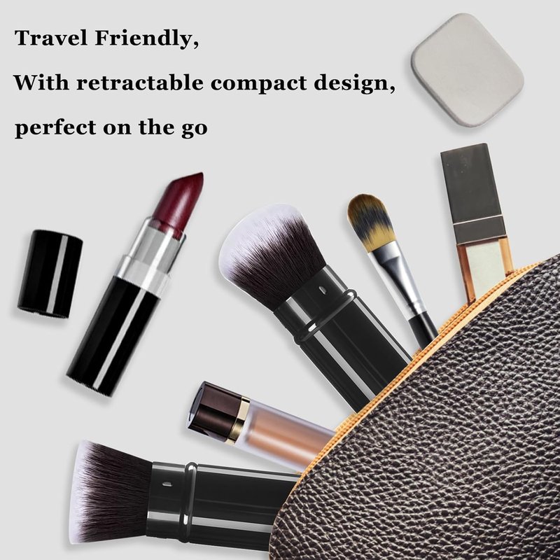 Retractable Kabuki Makeup Brush Set - 2 Pack Travel Brushes for Powder, Cream & Liquid Cosmetics | Aluminum Handle