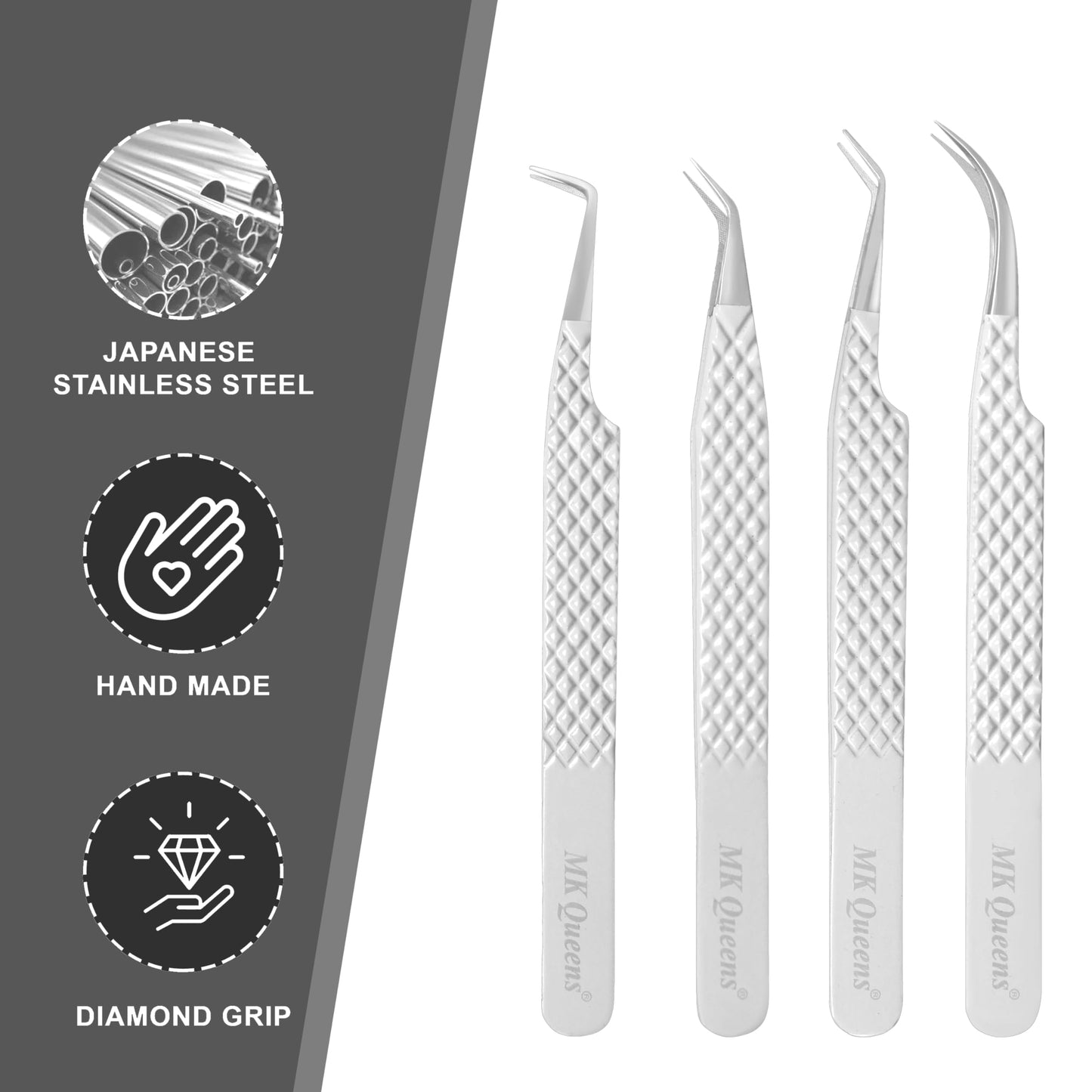 Fiber Tip Lash Tweezers for Eyelash Extensions with Diamond Grip, Set of 4 Precise Tips Japanese Steel for Classic, Volume & Mega Volume Lashes, Ideal Tweezers Set for Lash Artists (4, White)