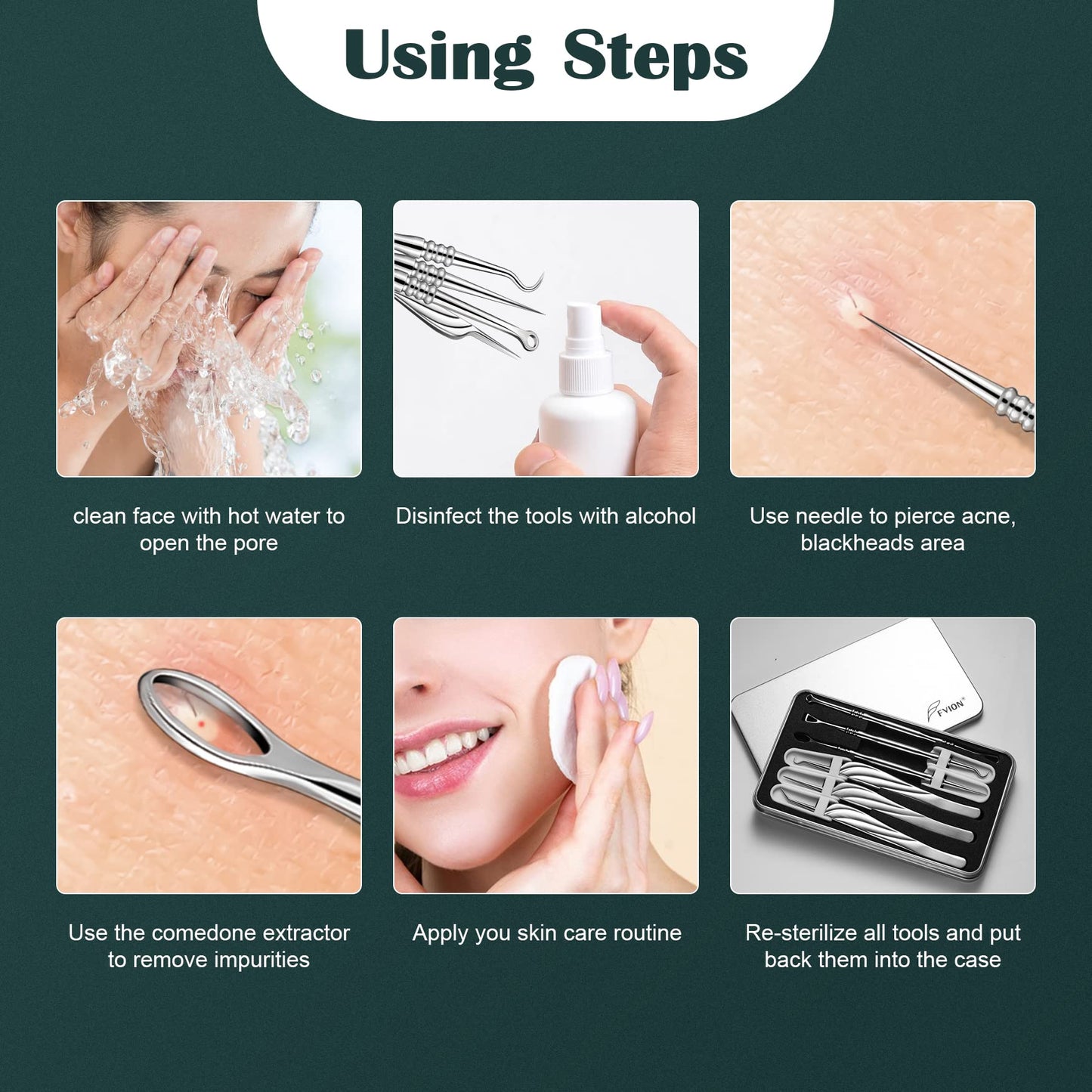 FVION Blackhead and Acne Extractor Kit, Professional Pimple Popper Tool Kit, Acne Tweezers and Blackhead Remover Tools for Face, 6 PCS Surgical Extractor Pimple Popping Tools