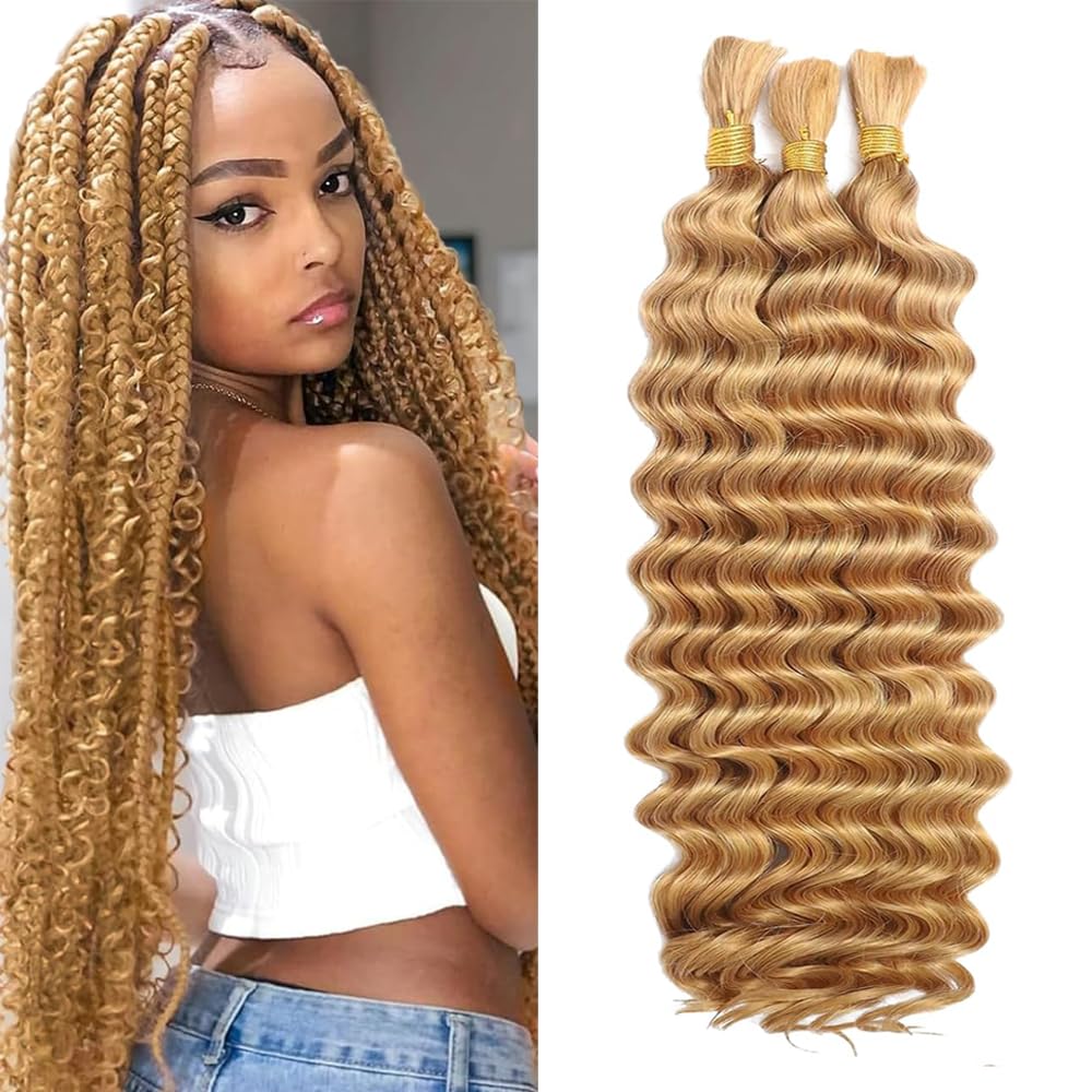 26 inch Blonde Human Braiding Hair 3 Bundles 150g Honey Blonde Deep Wave Bulk Huam Hair for Braiding Curly Knotless 10A Brazilian Virgin No Weft #27