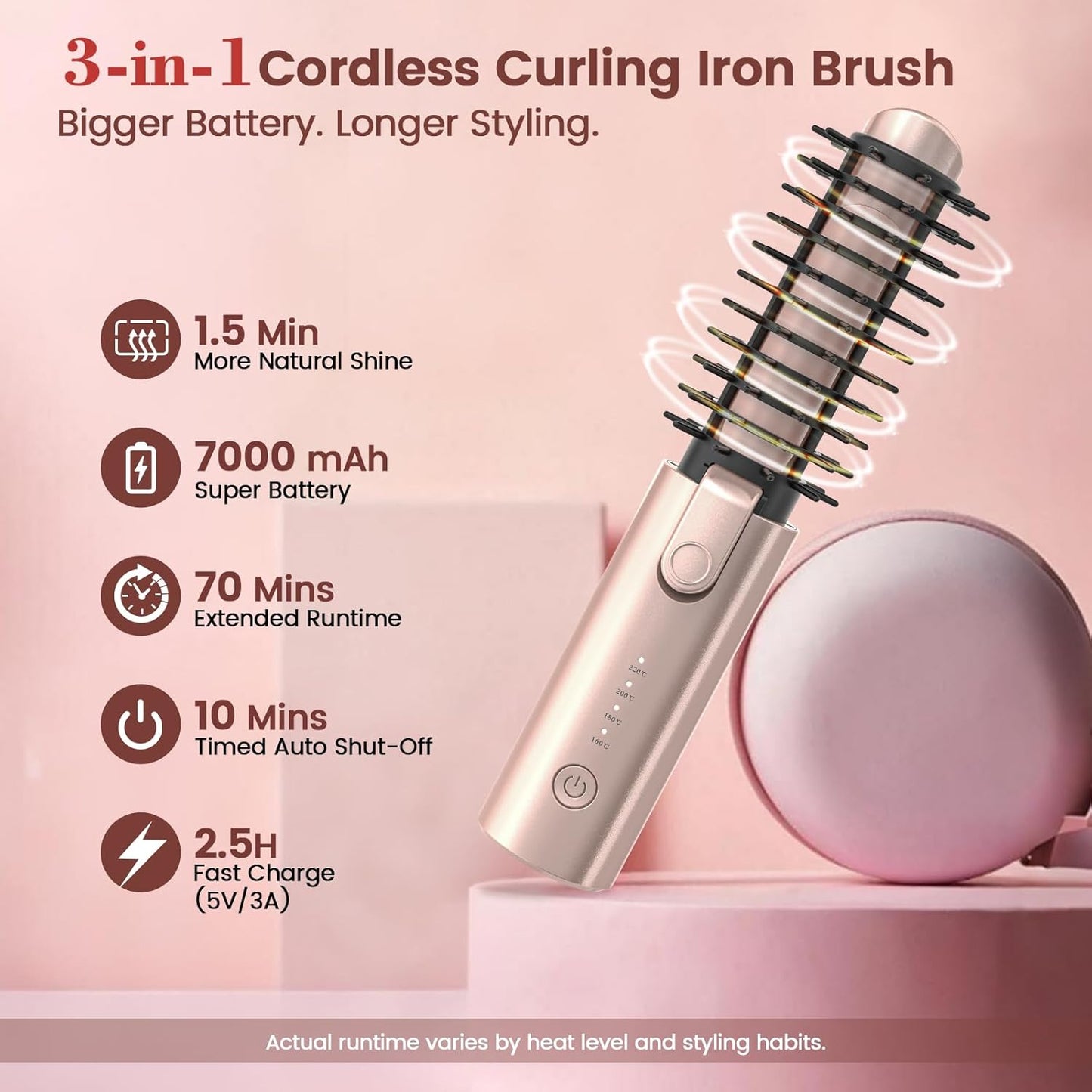 Youbella Cordless Hair Curling Iron Brush - 3-in-1 Mini Heated Round Brush | Portable USB Rechargeable, Pink