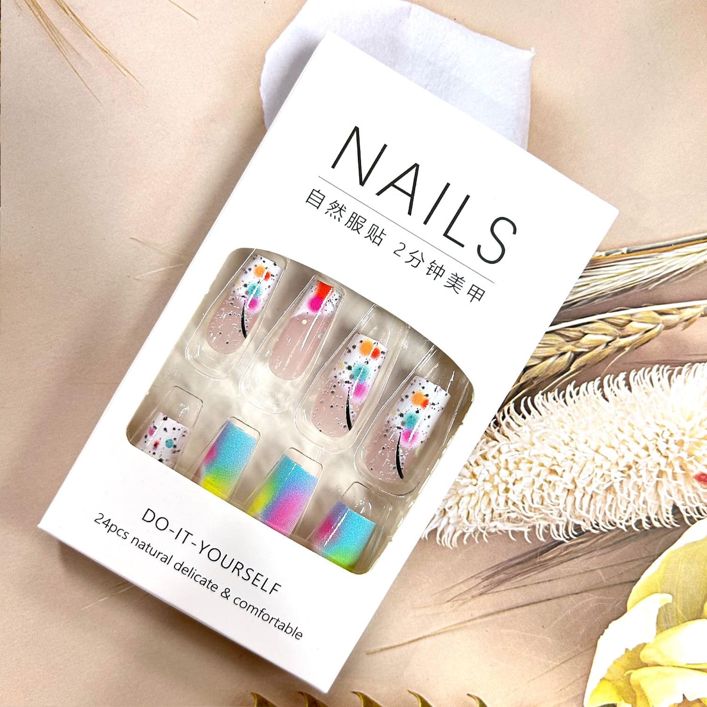 Press On Nails - Medium Length Square Colorful Gradient Acrylic Coffin Nails | 24 Pcs Full Cover Set for Women