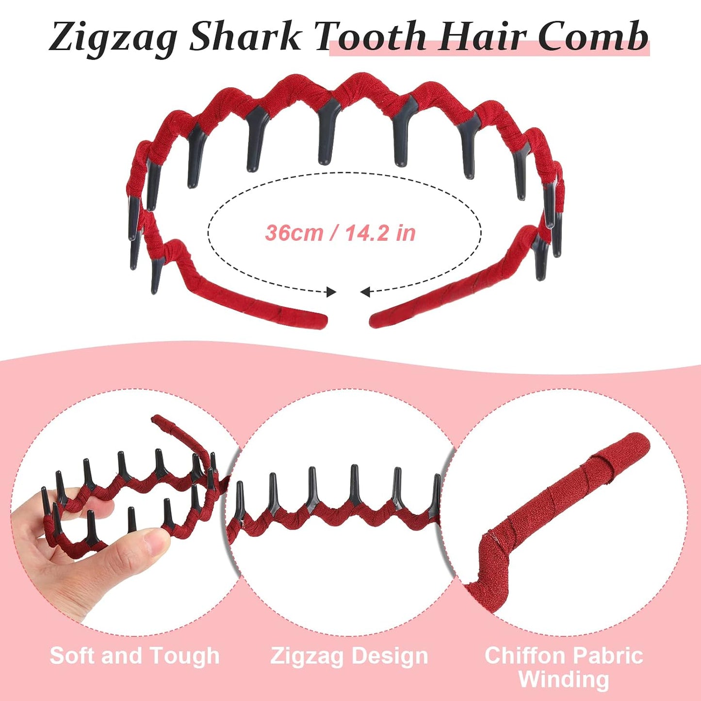 Zigzag Headbands for Women - 6-Pack Shark Tooth Comb Hairbands | Wrapped Cloth, Wave Shape, Adorable Patterns