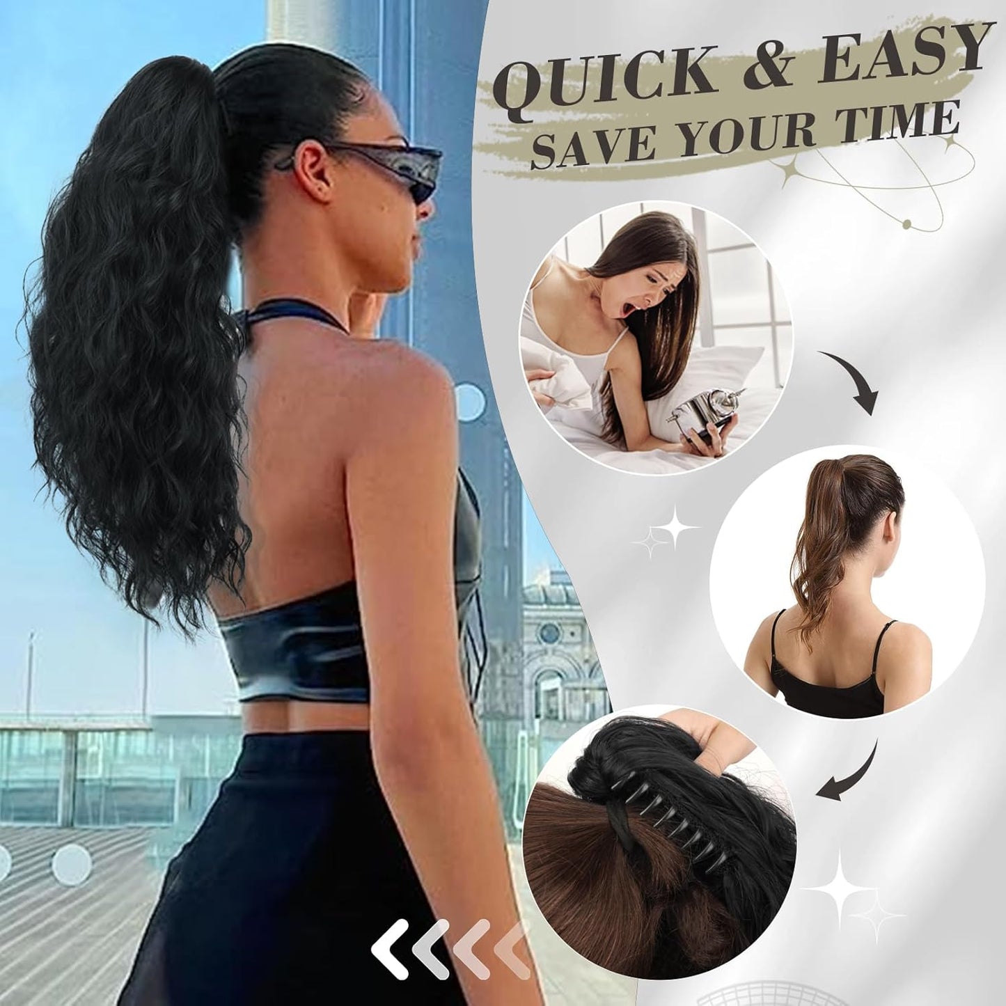 Black Ponytail Extension - 18 Inch Curly Claw Clip Hairpiece for Women | Natural Black Multi-Layered Synthetic Ponytail
