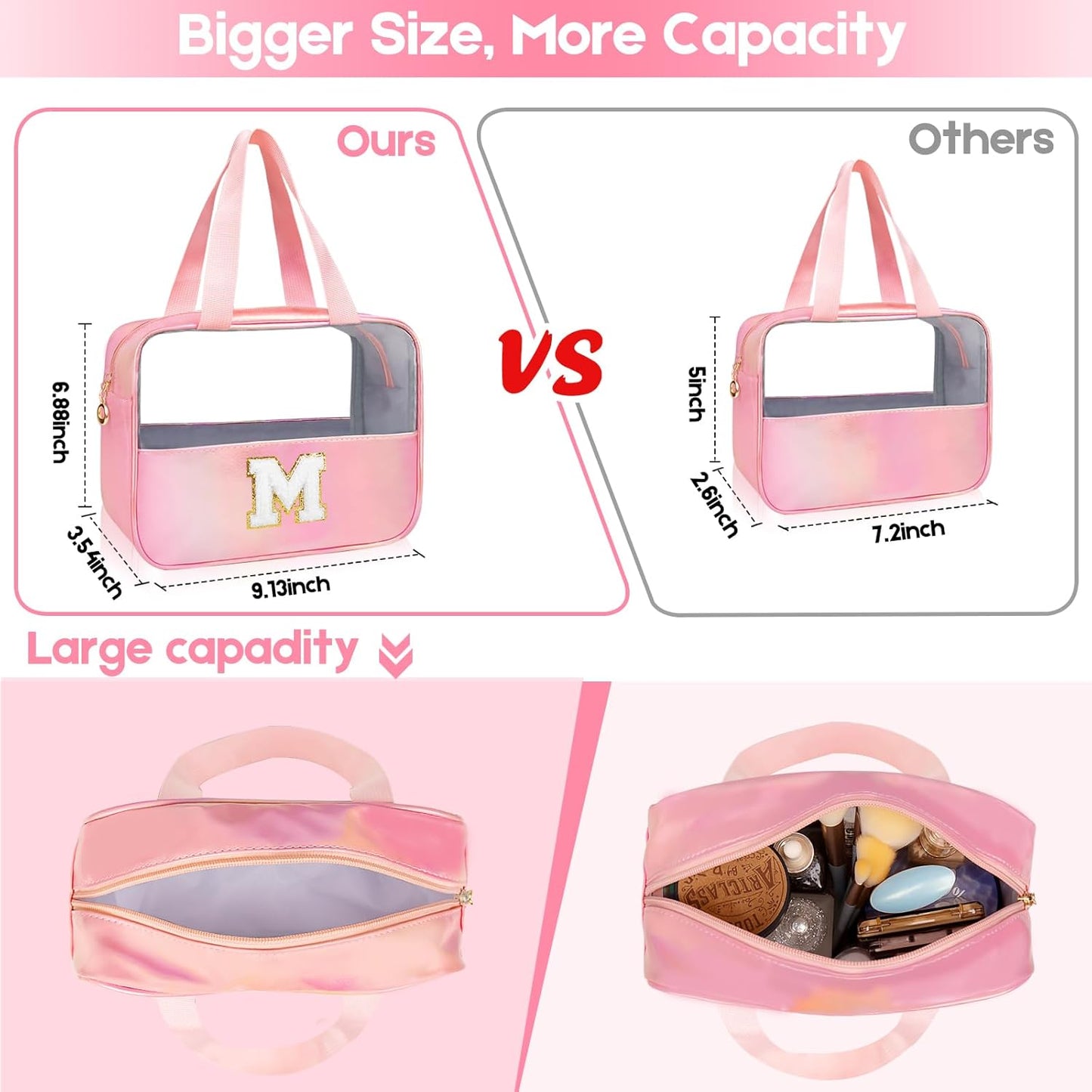 Personalized Pink Clear Makeup Bag - Large Cosmetic Organizer for Travel | Ideal Gift for Women & Girls