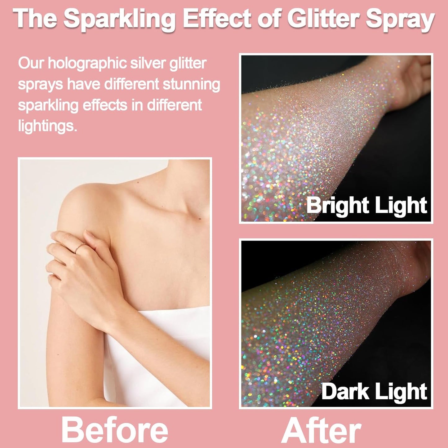Holographic Silver Body Glitter Spray - 200ML Long-Lasting Shimmer for Hair, Clothes & Festivals | Rave Makeup Accessory