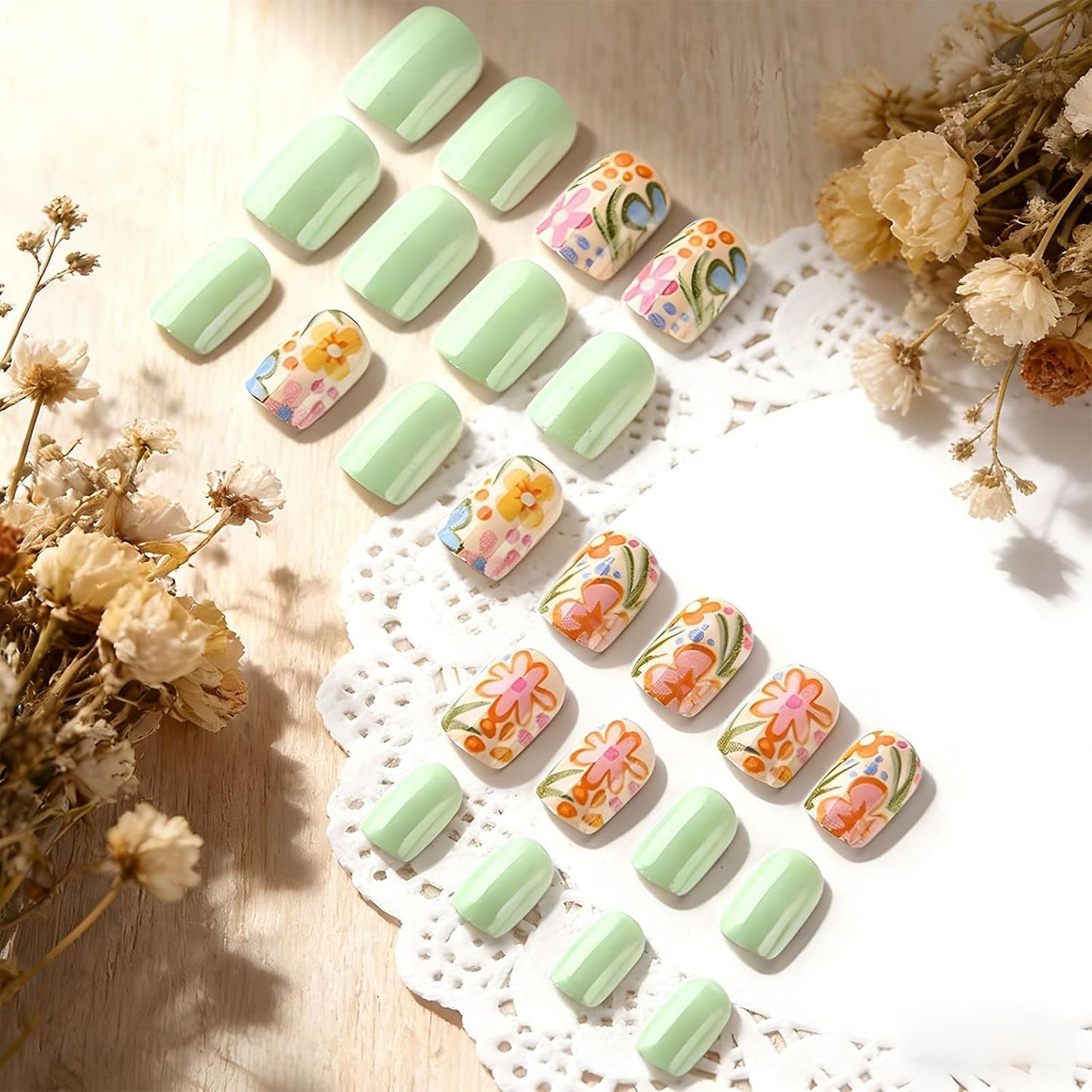 Press On Nails - Sage Green Short Square Fake Nails with Floral Design | 24 Pcs Reusable Glossy Artificial Nails for Women