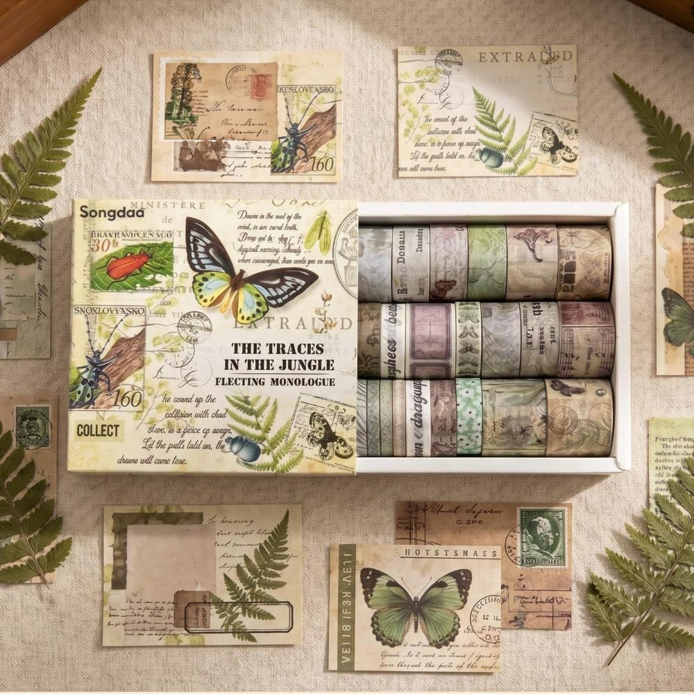 Vintage Washi Tape Set - 20 Rolls of Floral, Butterfly & Botanical Designs | 5-25mm Wide, 6.56ft/Roll for Scrapbooking & Journaling