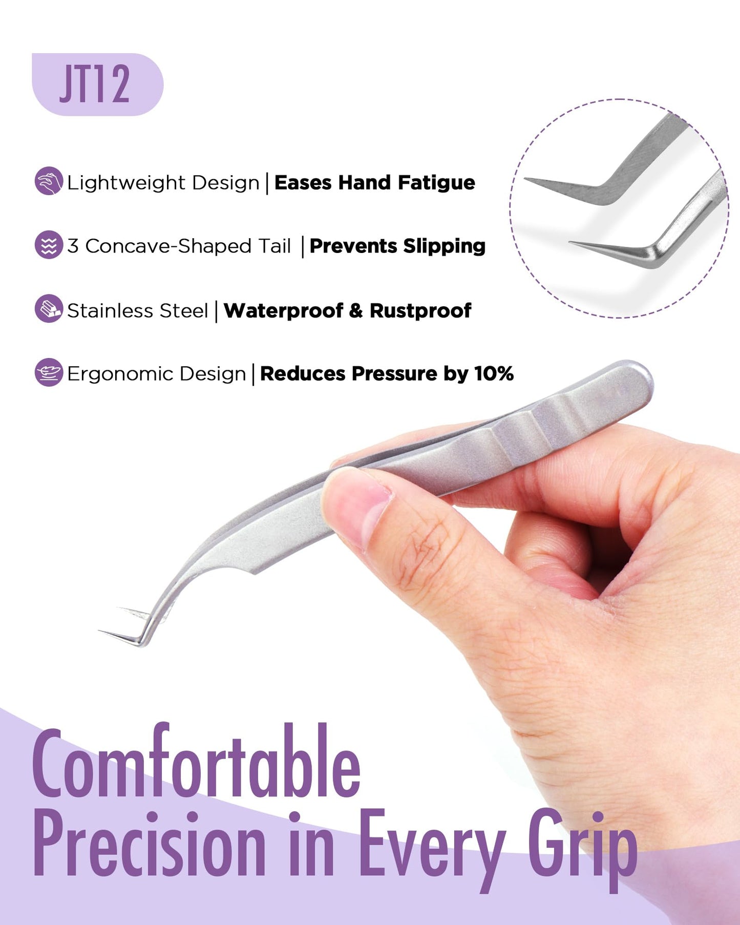 Beyelian Volume Lash Tweezers Lash Tweezers for Eyelash Extensions, Non-slip High Precision Effortless Tip for Mega Fans, Stainless Steel JT12