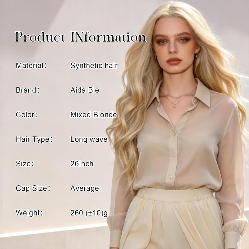 Mixed Blonde Long Wave Wig for Women | 26-Inch Heat-Resistant Synthetic Fiber - Natural Look for Daily Wear