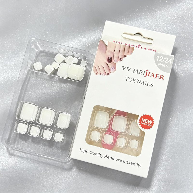 Press On Toenails - White Chrome Short Square Fake Nails | Mirror Gloss Finish, Full Cover, Reusable 24 Pcs