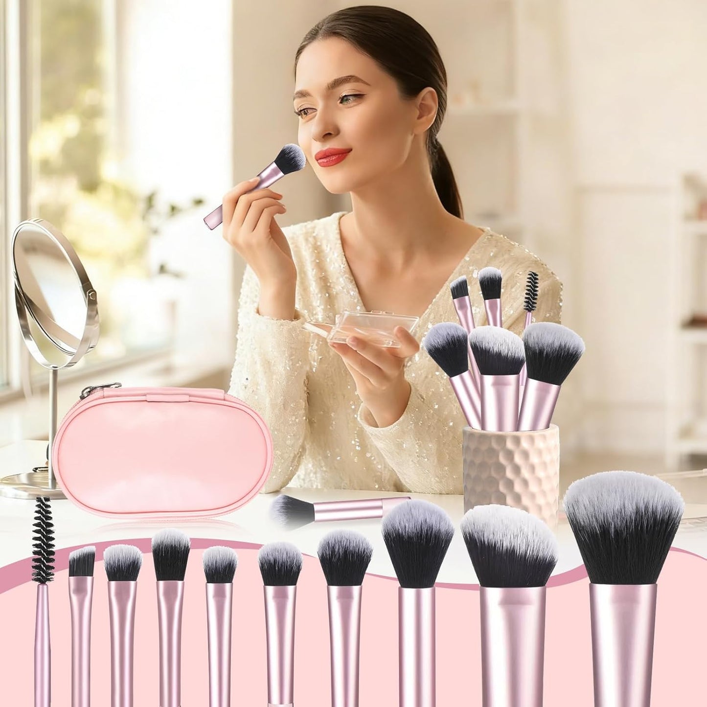 Travel Makeup Brushes Set - 10 Pcs Mini Portable Cosmetic Brushes with Pouch | Ideal for Women & Girls