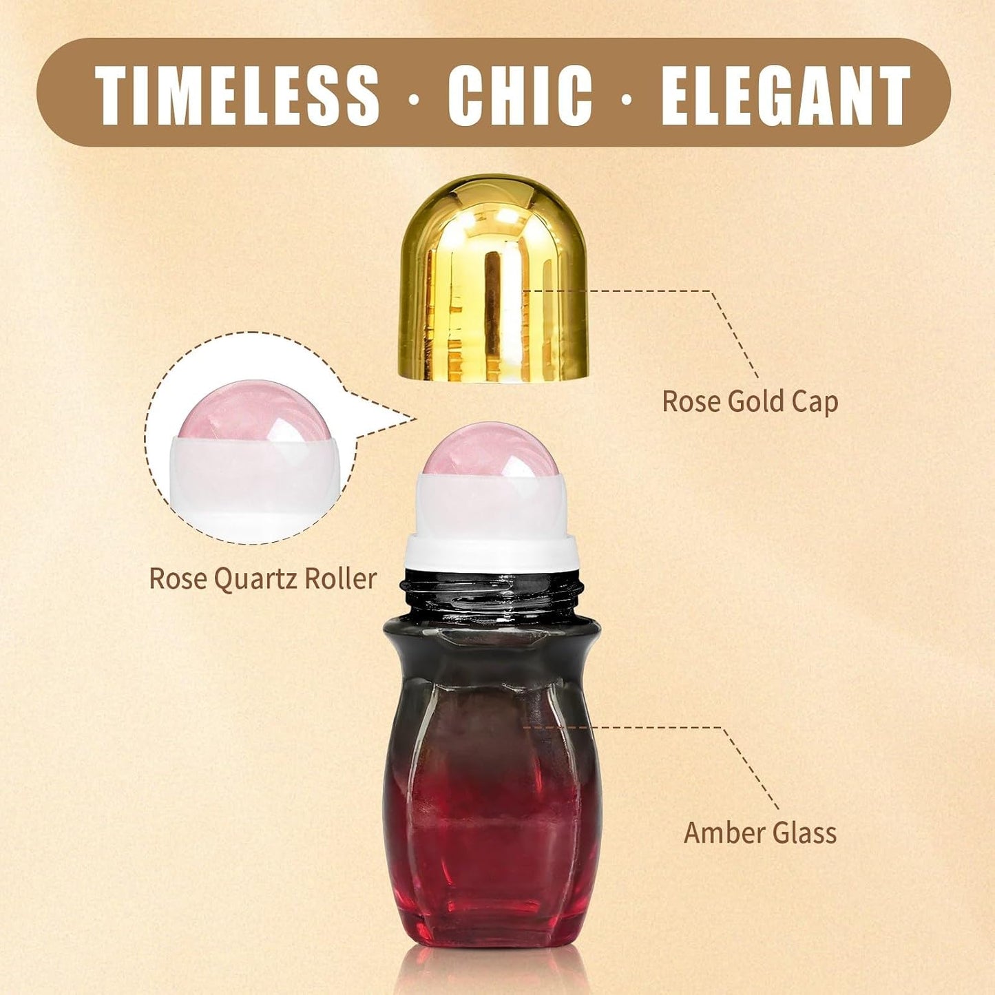 Rose Quartz Roller | 30ml Refillable Amber Glass Essential Oil Bottles - Leak-Proof Travel Perfume Container with Gold Caps