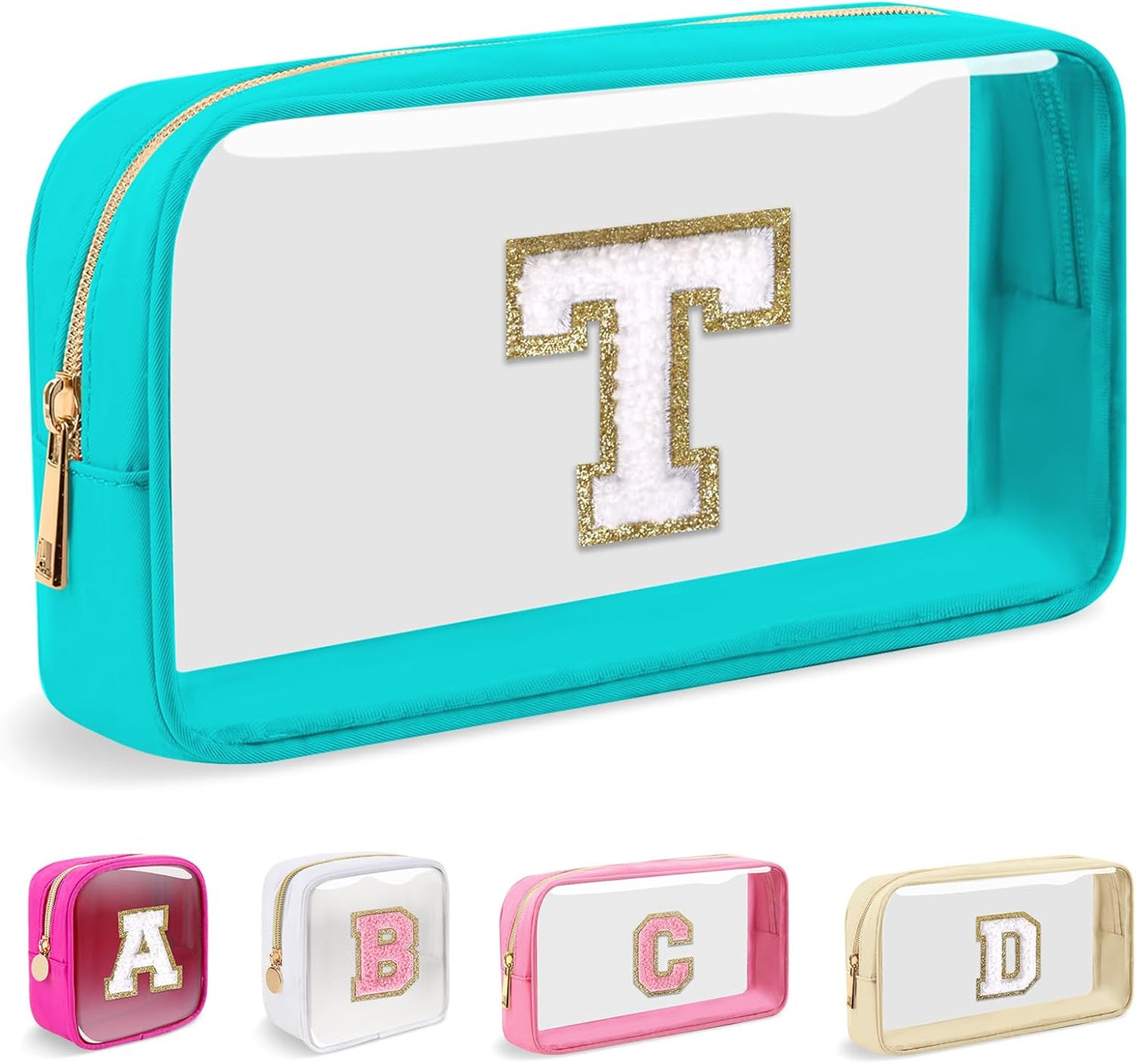 Personalized Initial Makeup Bag - Waterproof Nylon Cosmetic Pouch | A-Z Chenille Letter Patch, White-Pink G