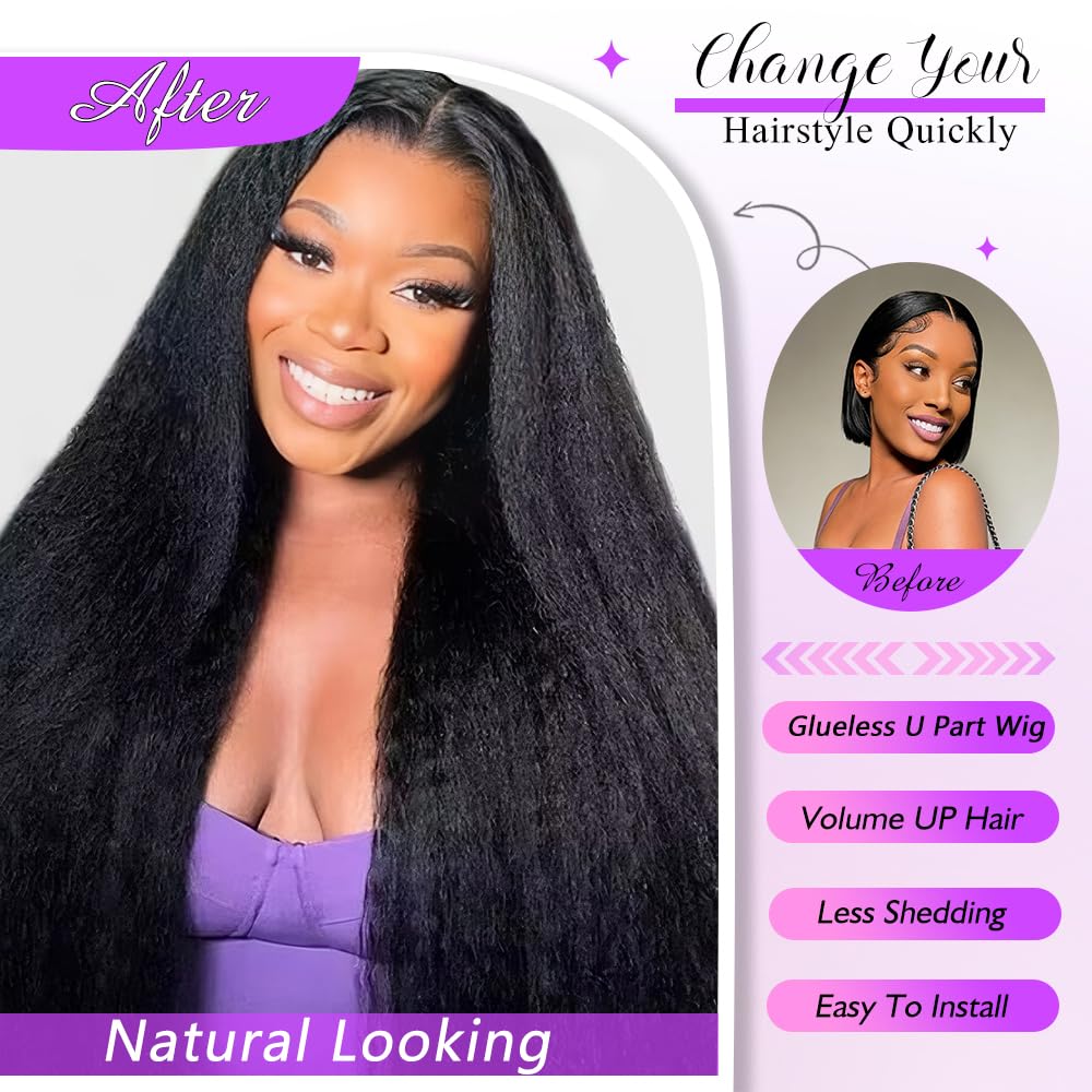 Kinky Straight U Part Wig - 20 Inch Human Hair for Black Women | Glueless, Natural Hairline, 220% Density