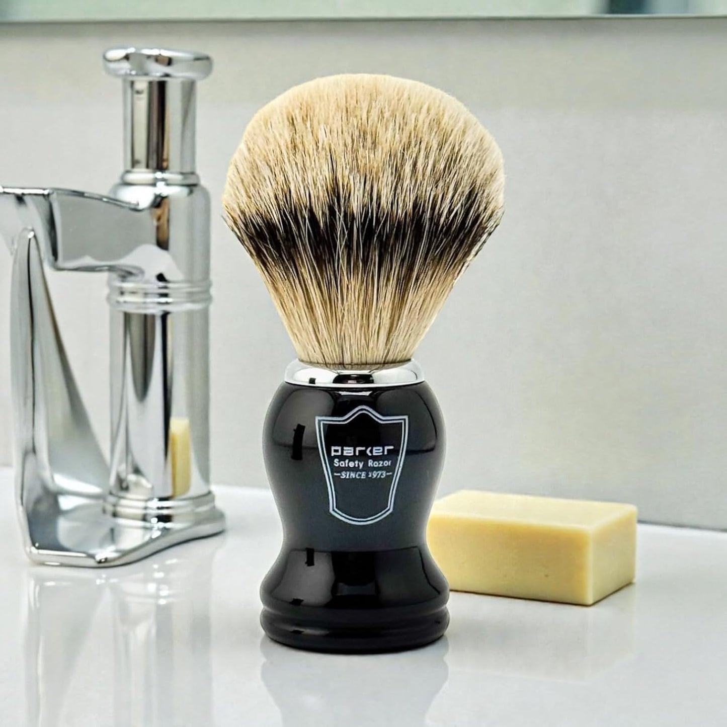 Parker Silvertip Badger Shaving Brush with Resin Handle & Resin Stand | 22mm Soft Knot for Rich Lather | Handcrafted Brush for Shave Cream or Soap | Premium Wet Shaving Accessory | Iconic Brand