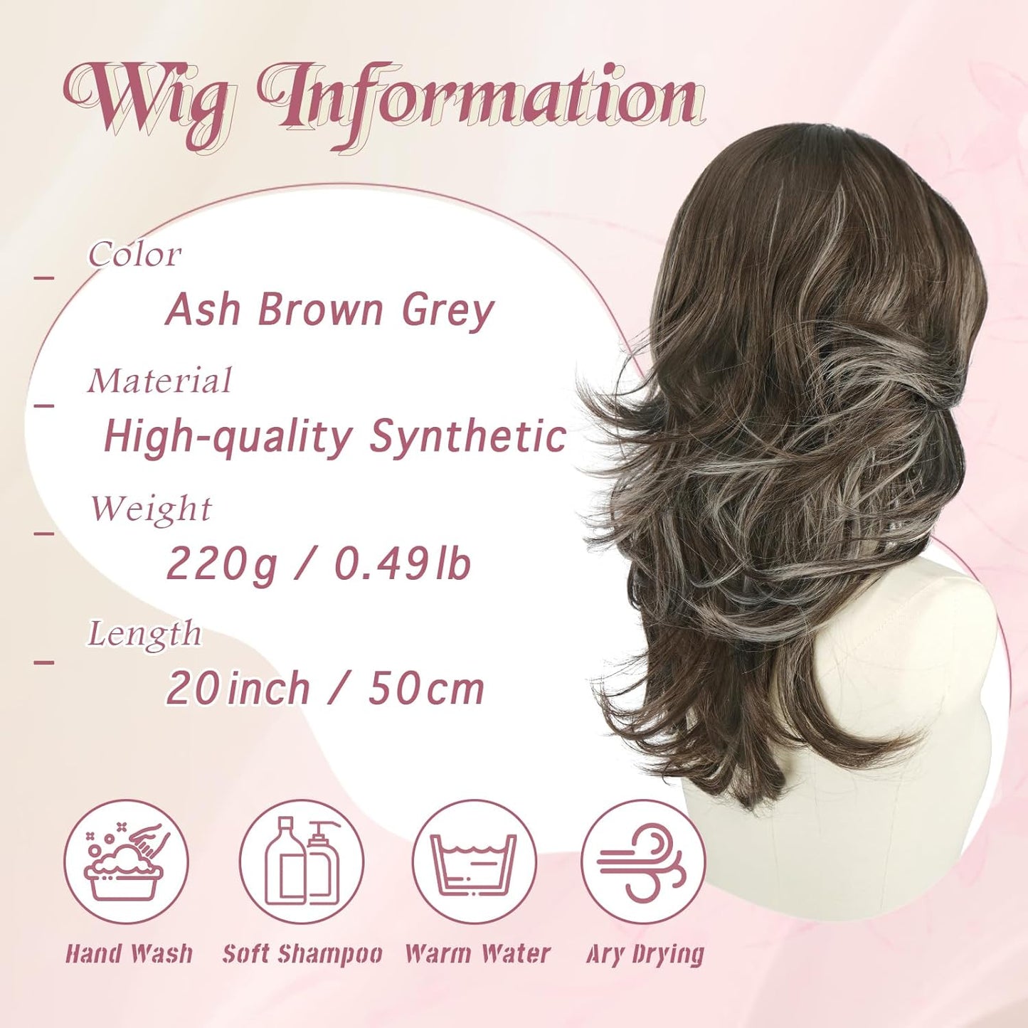 Brown Layered Wig with Curtain Bangs - Long Wavy Synthetic Hair for Women | 20 Inch Ash Brown Grey