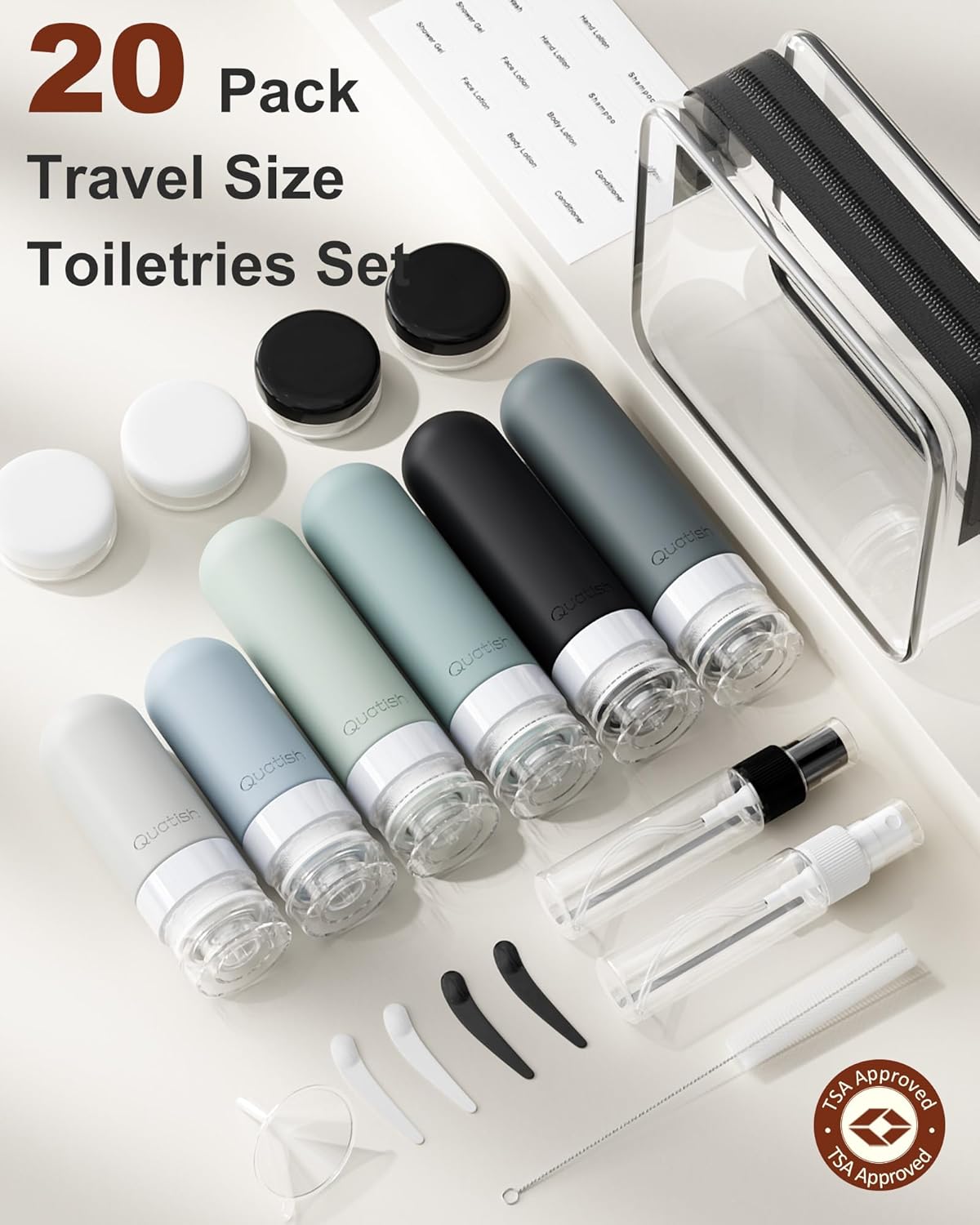 Travel Bottles for Toiletries - TSA Approved Leak-Proof Silicone Containers | 20 Pack, Black