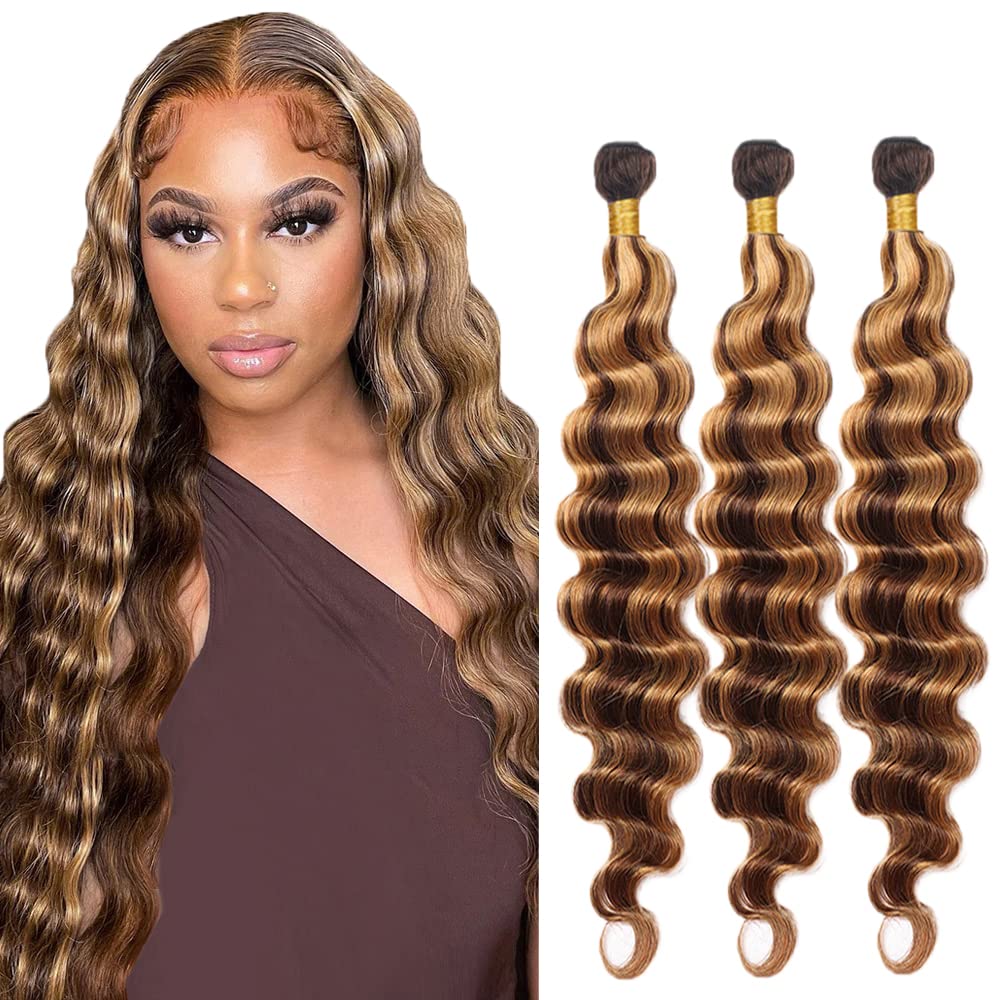 24 26 28 Inch P4/27 Blonde Bundles Human Hair Deep Wave 3 Bundles Brazilian Remy Hair 50 Grams/Bundle 10A Grade Unprocessed Virgin Hairs Highlight Blonde Deep Wave Bundle Weaves Extensions