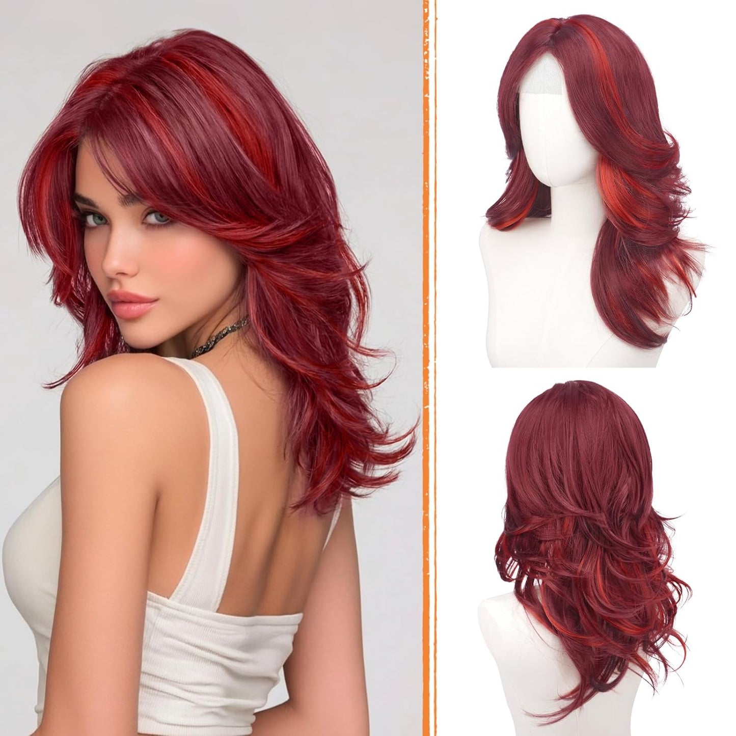Red Layered Wig with Curtain Bangs - Long Wavy Synthetic Hair, 20 Inch Natural Look for Women | Perfect for Daily Wear & Parties