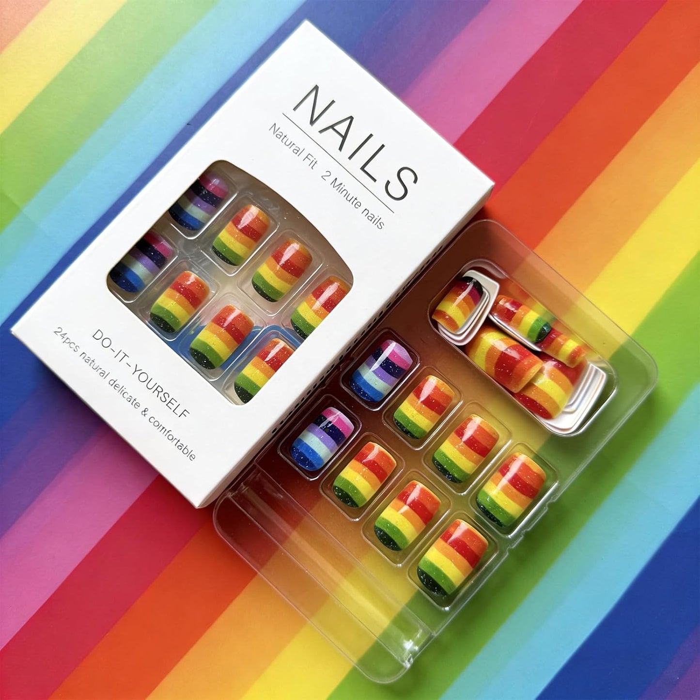 Rainbow Glitter Press-On Nails - Medium Square Colorful Stripes | Glossy Reusable Full Cover Fake Nails for Women - 24 Pcs