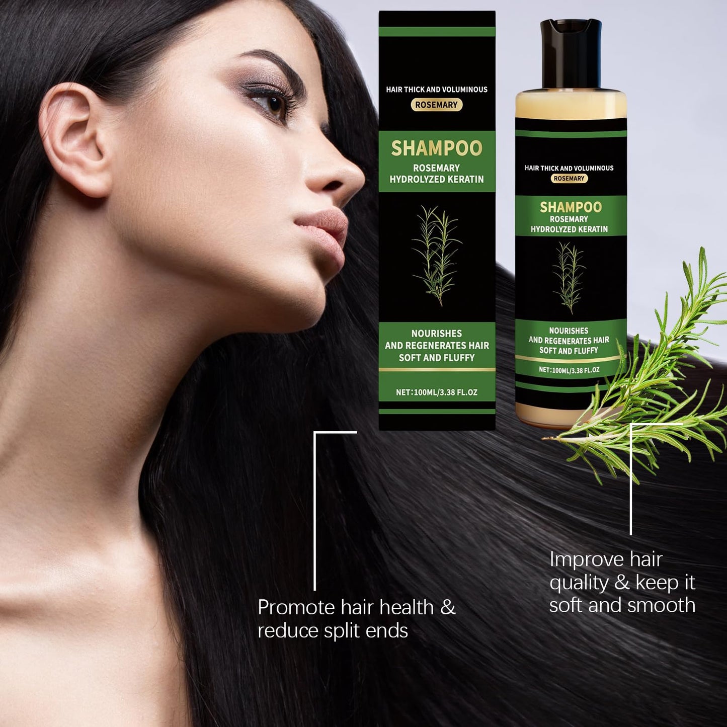 KunMan Organic Rosemary Hair Growth Shampo, Natural Thickening & Strengthening Shampoo with Hydrolyzed Keratin and Natural Extract of Rosemary, 3.38 fl.oz,2PCS