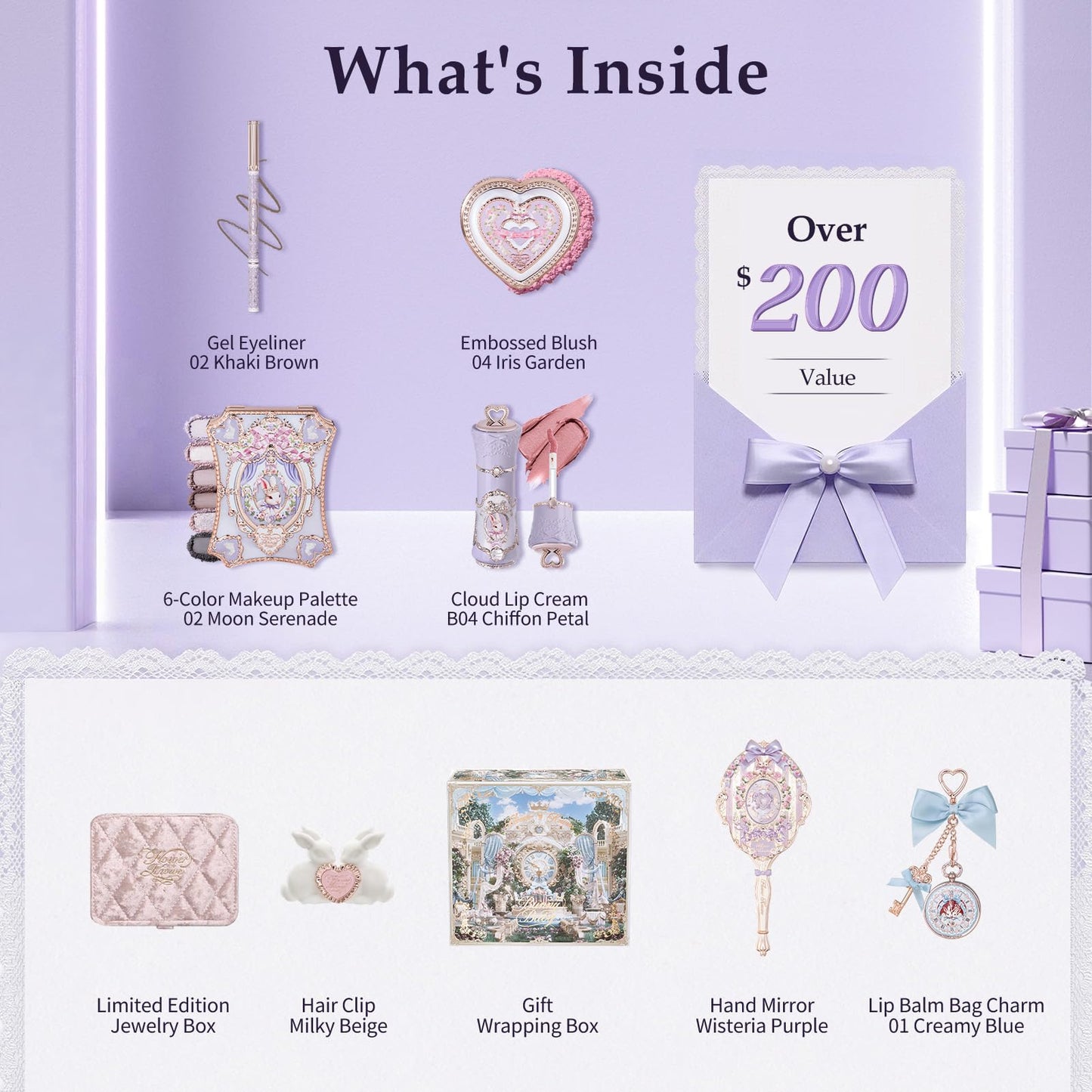 Flower Knows Bunny Garden Chromatic Harmony Gift Set, Violet Dream Bunny Theme, Collectible Violet 9-Piece Beauty Box with Lip Cream, Blush, Eyeshadow, Gel Eyeliner, Mirror & Tools
