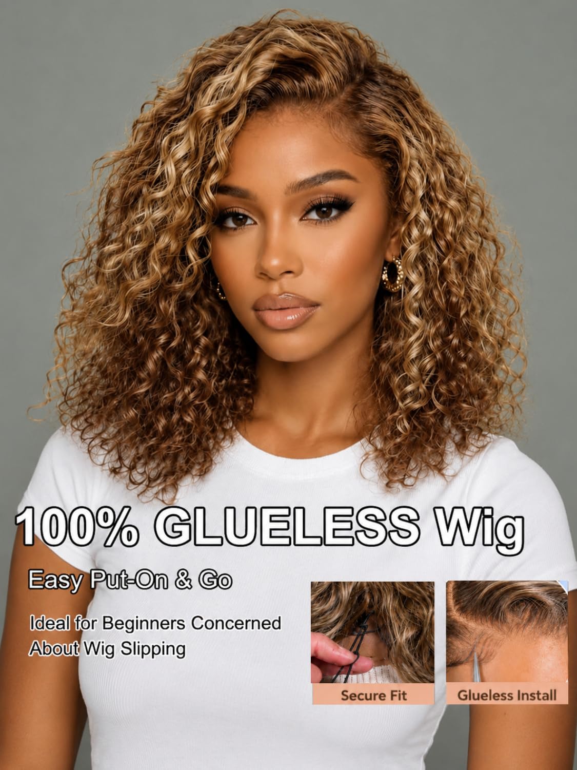 UNICE Glueless Curly Bob Wig Human Hair, Honey Blonde Highlight Side Part Short Bob Wig, 7x5 Lace Front Wig Pre Plucked Bleached Knots, Drawstring Wig Ready to Go, 180% Density 12 Inch
