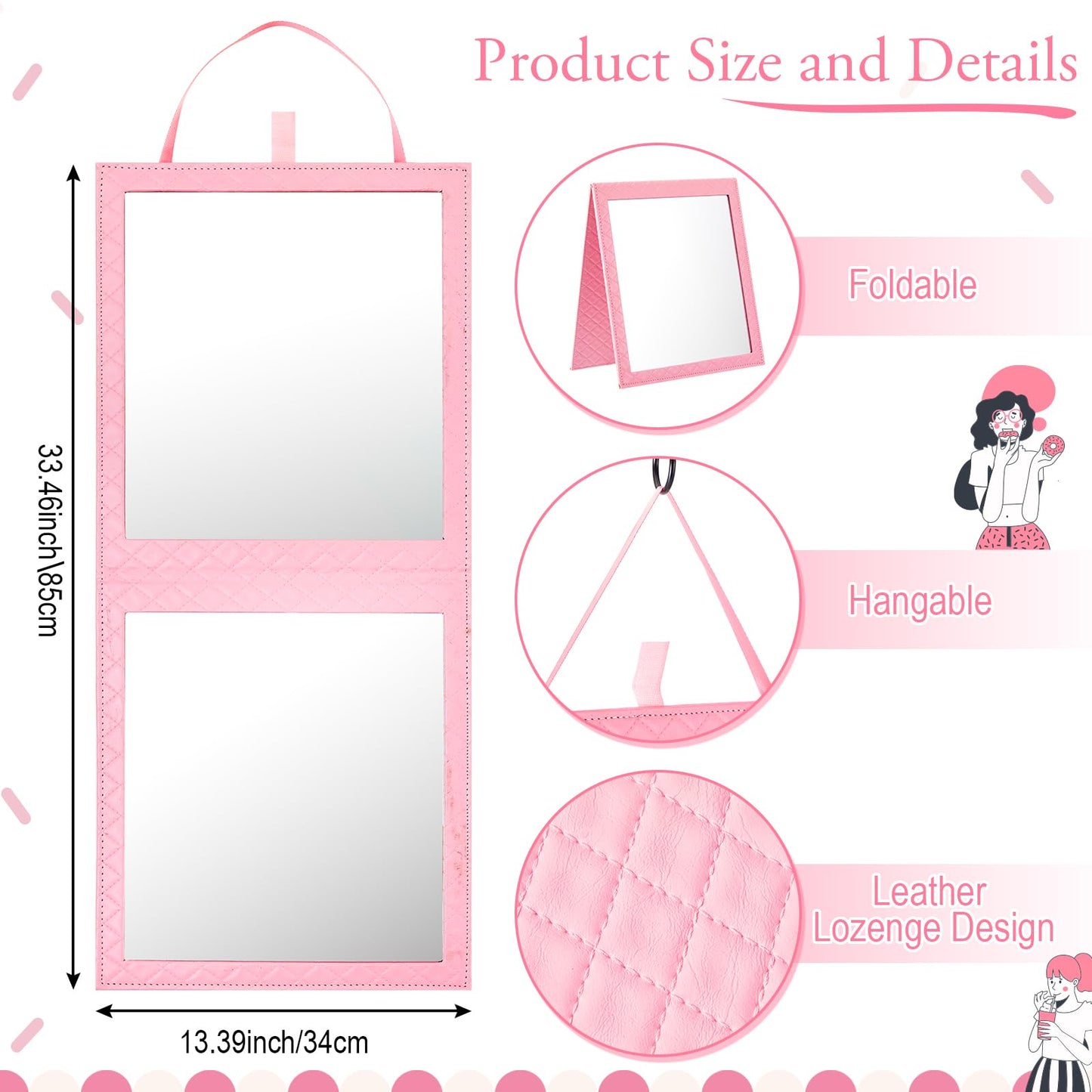 Colingmill Foldable Full Length Mirror Leather 33.5" L x 13.4" W Portable Hanging Travel Mirror with Handle for Travel Dance Camping Home Fitness Spa Gift (Pink, 33.5" L x 13.4" W)