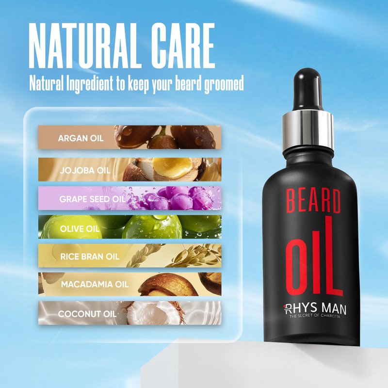 RHYS MAN Beard Oil for Men – Father Gifts, Natural Beard Oil for Fuller-Looking Beard Appearance, Softens & Conditions Facial Hair, Lightweight Daily Grooming Essential, Gift for Him (1.7 fl oz)