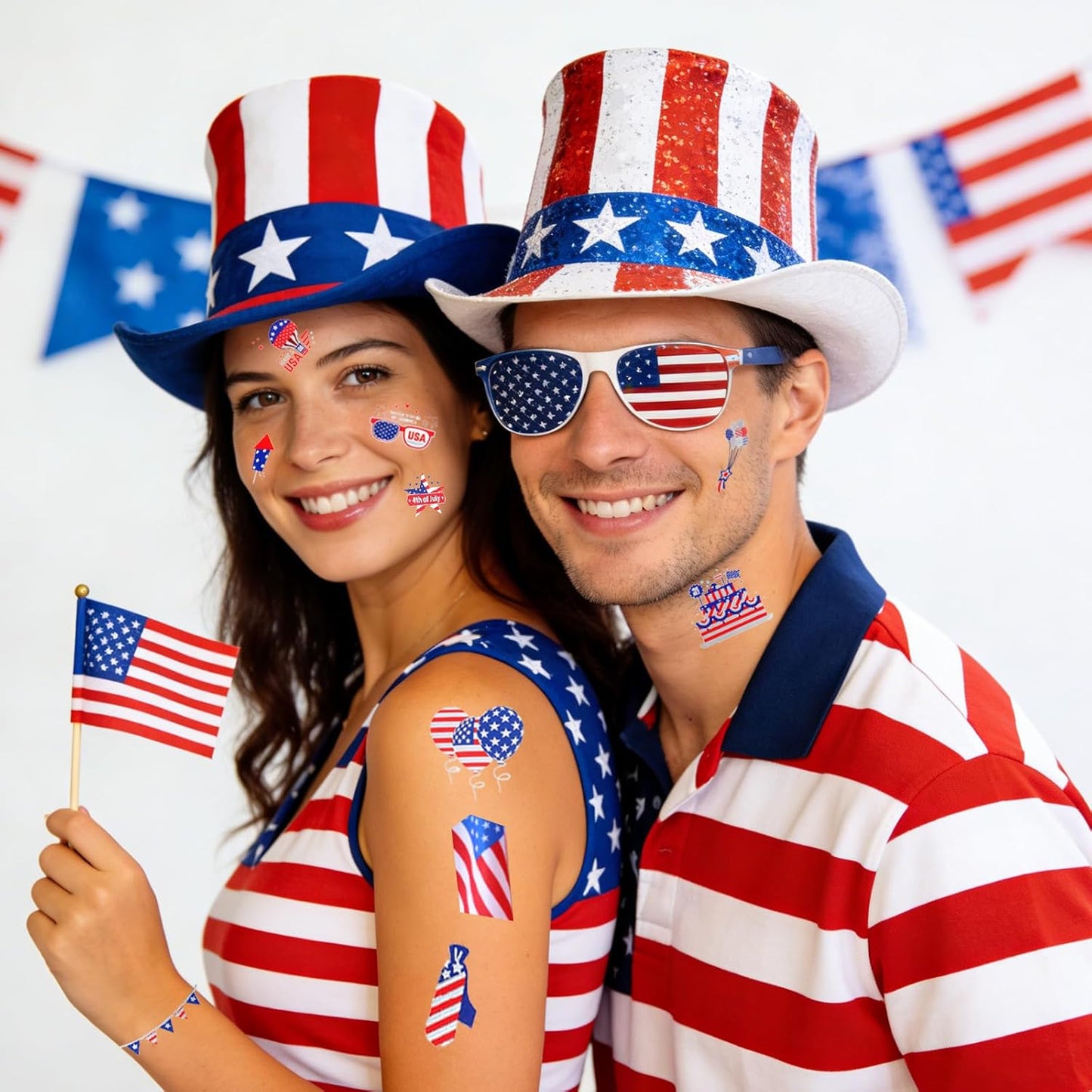 4th of July Temporary Tattoos - Metallic USA Patriotic Stickers | American Flag Designs for Independence Day Celebrations