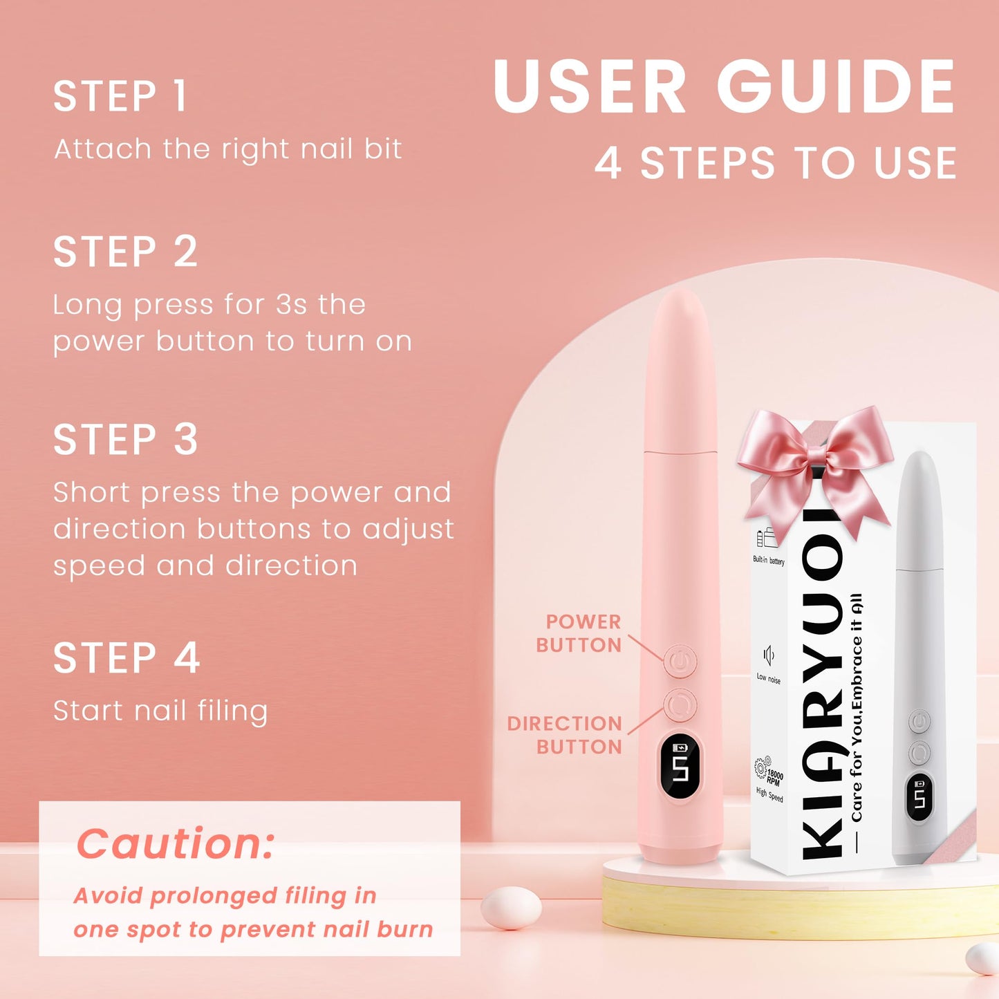 KIARYUOLL Cordless Electric Nail Drill Kit, Portable Rechargeable Nail Drill Set, Battery Electric Nail File, 5 Speeds Modes, LED Lighting, Reversible Direction, DIY, Professional (Pink)