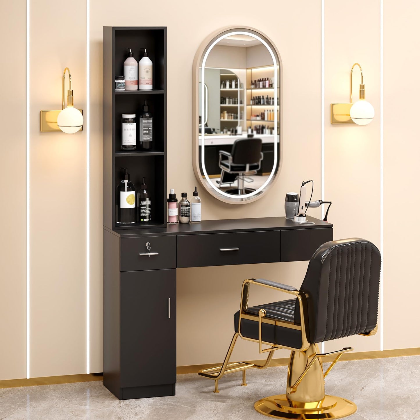 Wall Mount Barber Stations, Salon Stations for Hair Stylist, Hair Styling Equipement Set with a Storage Cabinet