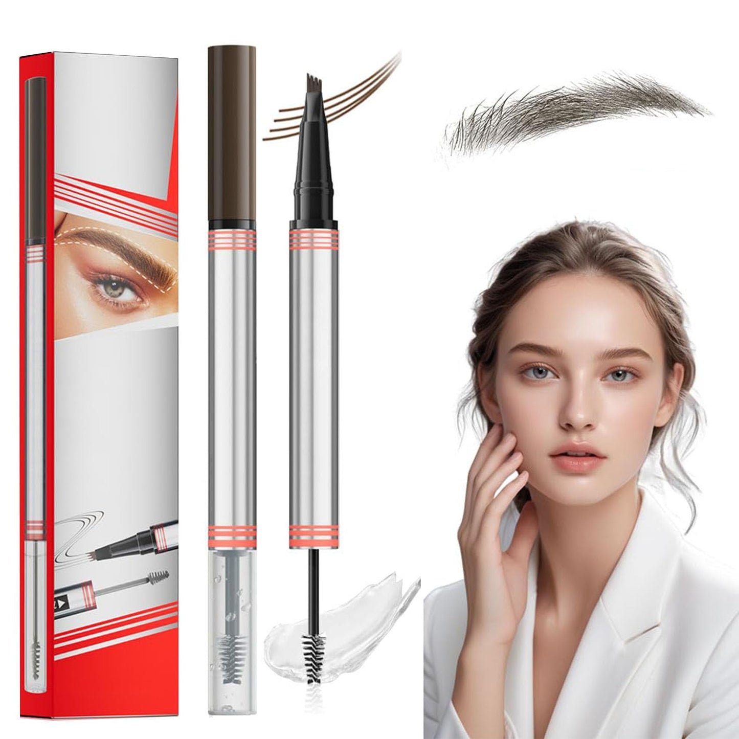 Eyebrow Pencils for Women, 2-in-1 Eyebrow Pen with Gel, 3D Microblading Eyebrow Pencil with 4 Tip & Eyebrow Brush, Waterproof Long-Lasting (Dark brown)