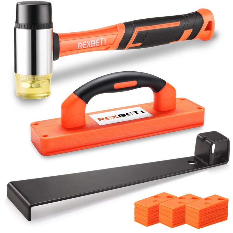 REXBETI 43-Piece Upgraded Laminate Flooring Tools, Wood Flooring Installation Kit, Solid Tapping Block with Handle, Durable Pull Bar, Diameter 1 3/8" Reinforced Double-Faced Mallet, 40 Spacers