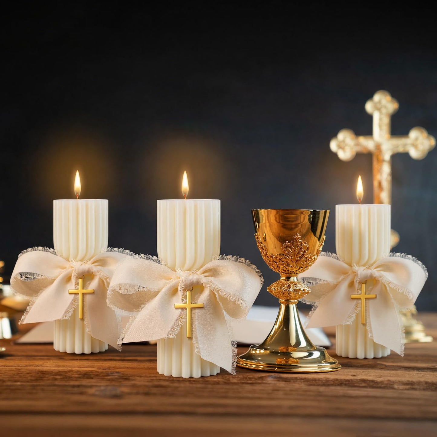 Conelist 12 Set Baptism Candle Cirios Pascual Catolico Catholic First Communion Candles with Bows and Crosses Church Prayer Gifts for First Communion Baby Christening Party Favor, 4.53 x 1.57 Inch