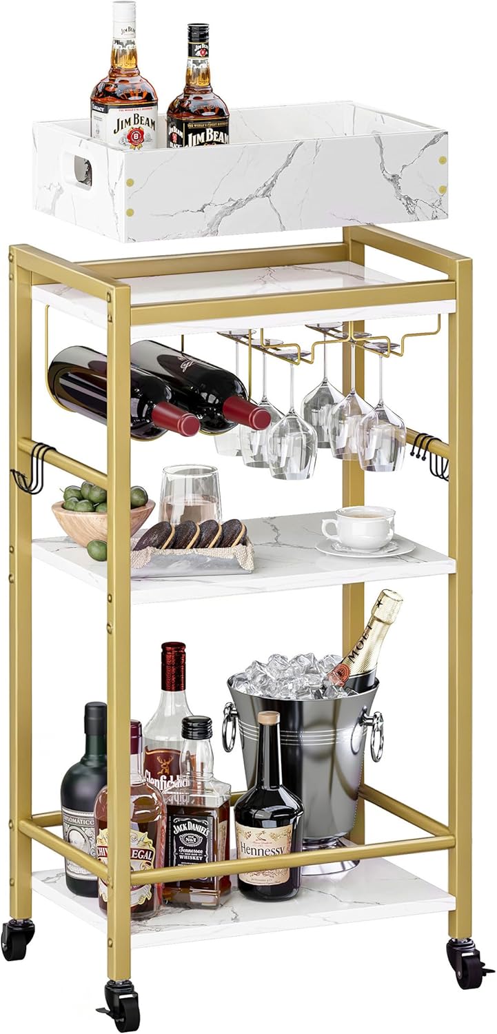 Gold Bar Cart - 3-Tier Rolling Beverage Cart with Removable Tray & Wine Rack | Stylish Small Drink Cart for Kitchen & Living Room