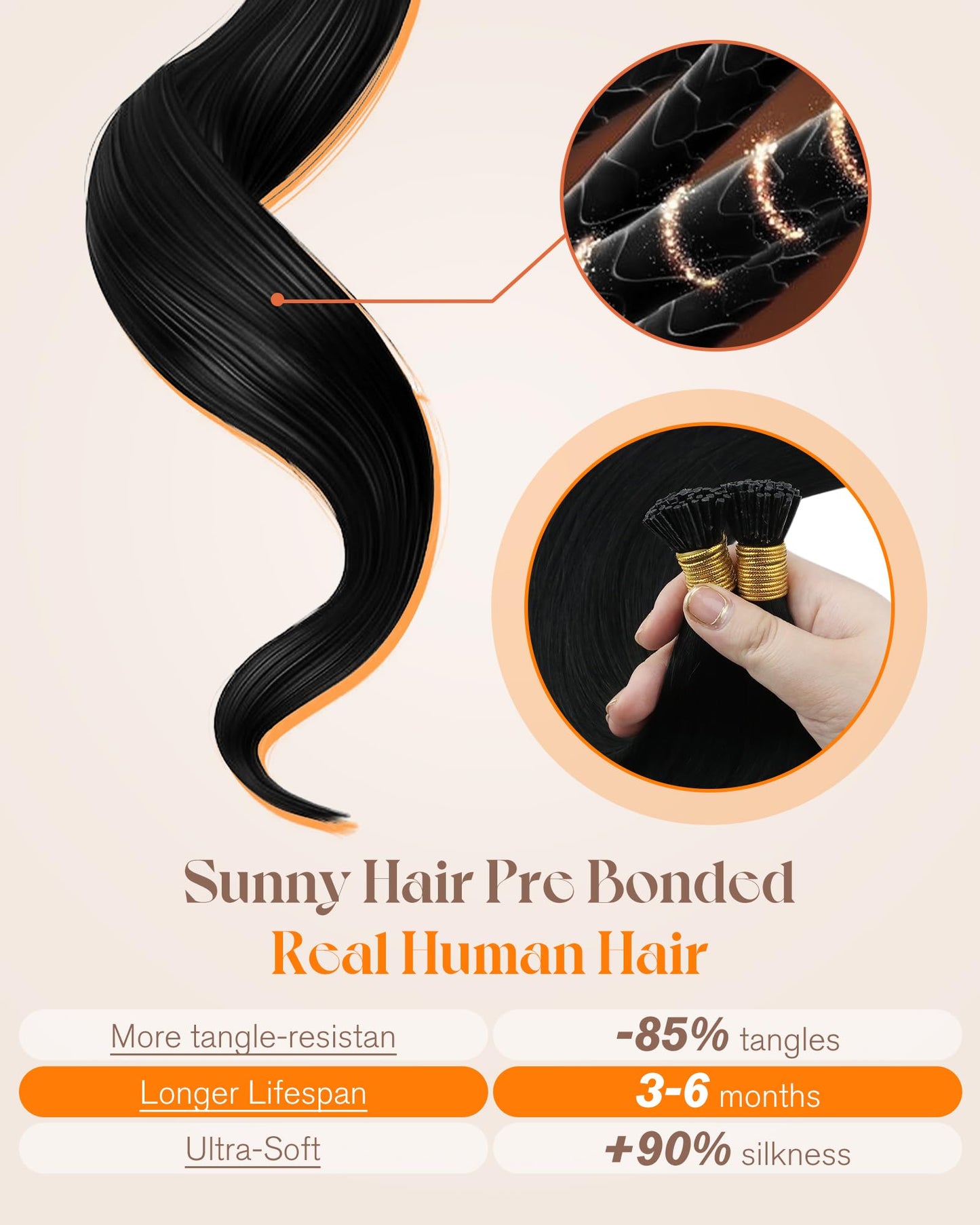 Sunny Hair Soft I Tip Human Hair Extensions, Black, for Women with Short Straight Hair Seeking Volume, Prevents Flatness at Wedding Receptions and Evening Parties, 50g 14 Inch
