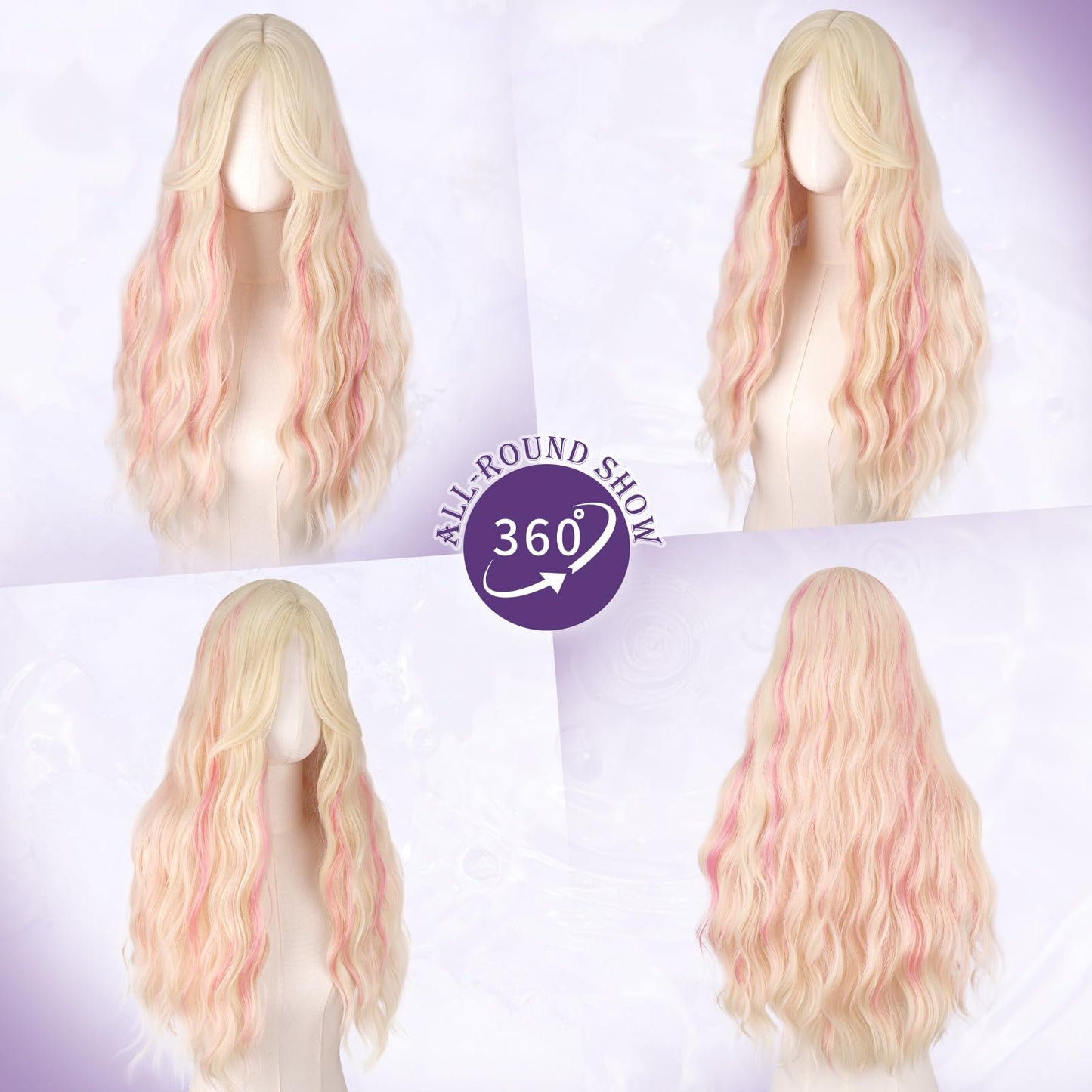 Haloo Blonde Wigs with Curtain Bangs for Women - Long Wavy Middle Part Natural Looking Synthetic Hair Wig for Daily Party Cosplay Costume, 26 Inch Blonde Mixed Pink