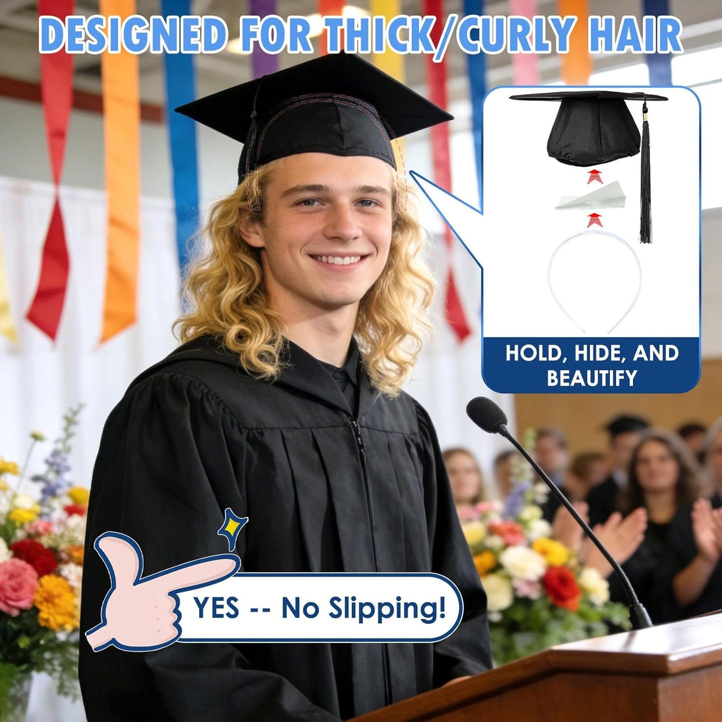Graduation Cap Headband Insert - Clear White Anti-Fall Hair Band | Secure Grad Cap Holder for Students & Girls