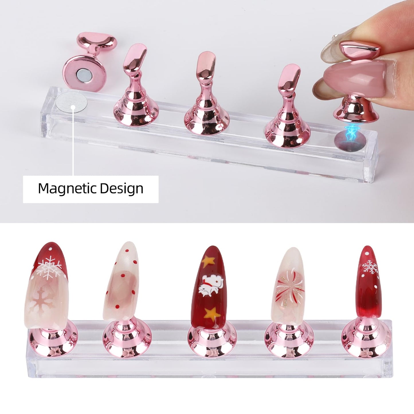 Tbestmax Magnetic Nail Stand for Press On Nails Art Display Practice 2 Sets with case, Fake Nail Holder Tips with 500 PCS Double-Sided Tape for DIY Salon Supplies -Pink
