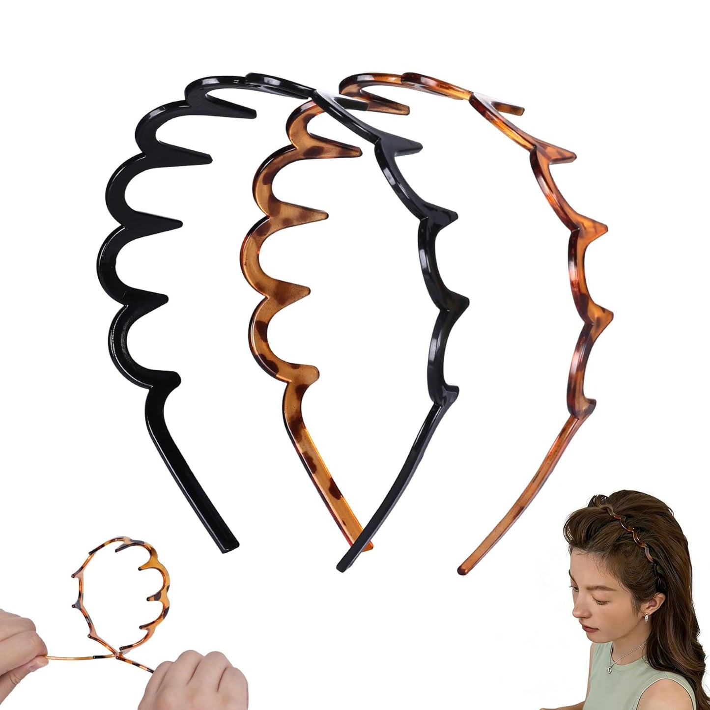 Zig Zag Headbands for Women - Non-Slip Wavy Plastic Hair Combs | Classic 90s Style, 2 Pack (Black & Brown)
