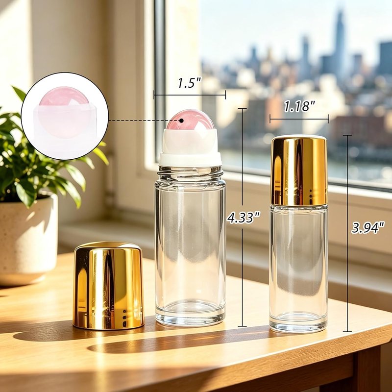 Rose Quartz Roller Bottles - 2 Pack Leakproof Glass Essential Oil Containers | 50ml & 30ml Sizes for Perfume & DIY
