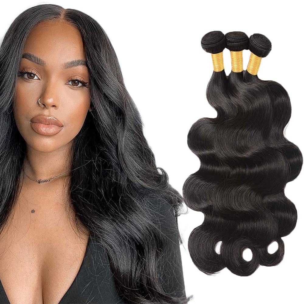 Body Wave Bundles Human Hair Bundles 26 26 26 Inch #1B Natural Black Color Body Wave 3 Bundle Unprocessed Brazilian Virgin Weave Hair Extensions 50 Gram Per Bundle for Black Women