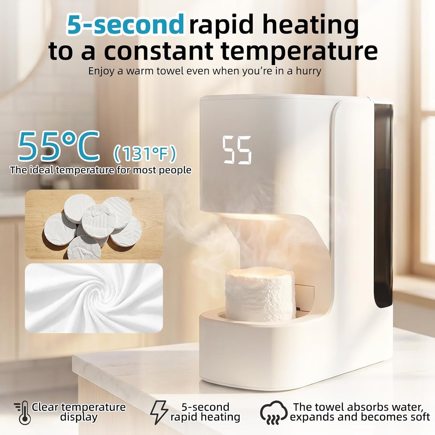 Hot Towel Warmer - Fast Heating 5s Towel Dispenser with Voice Alert | Holds 20 Towels, 55°C (131°F) Temperature Control