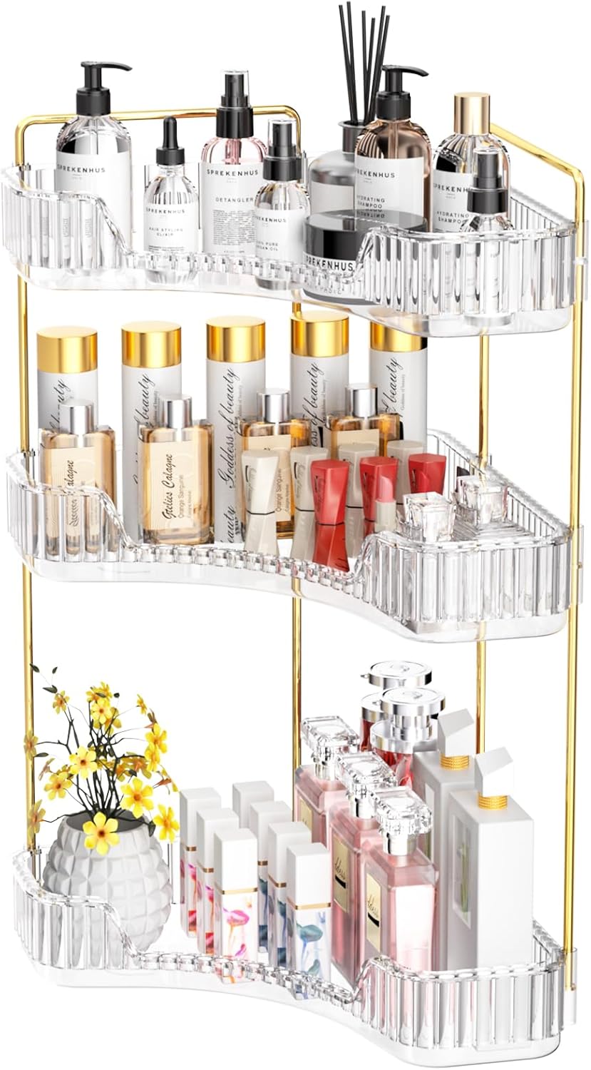 3-Tier Corner Bathroom Organizer - Large Capacity Makeup & Skincare Storage | Clear Vanity Organizer for Women