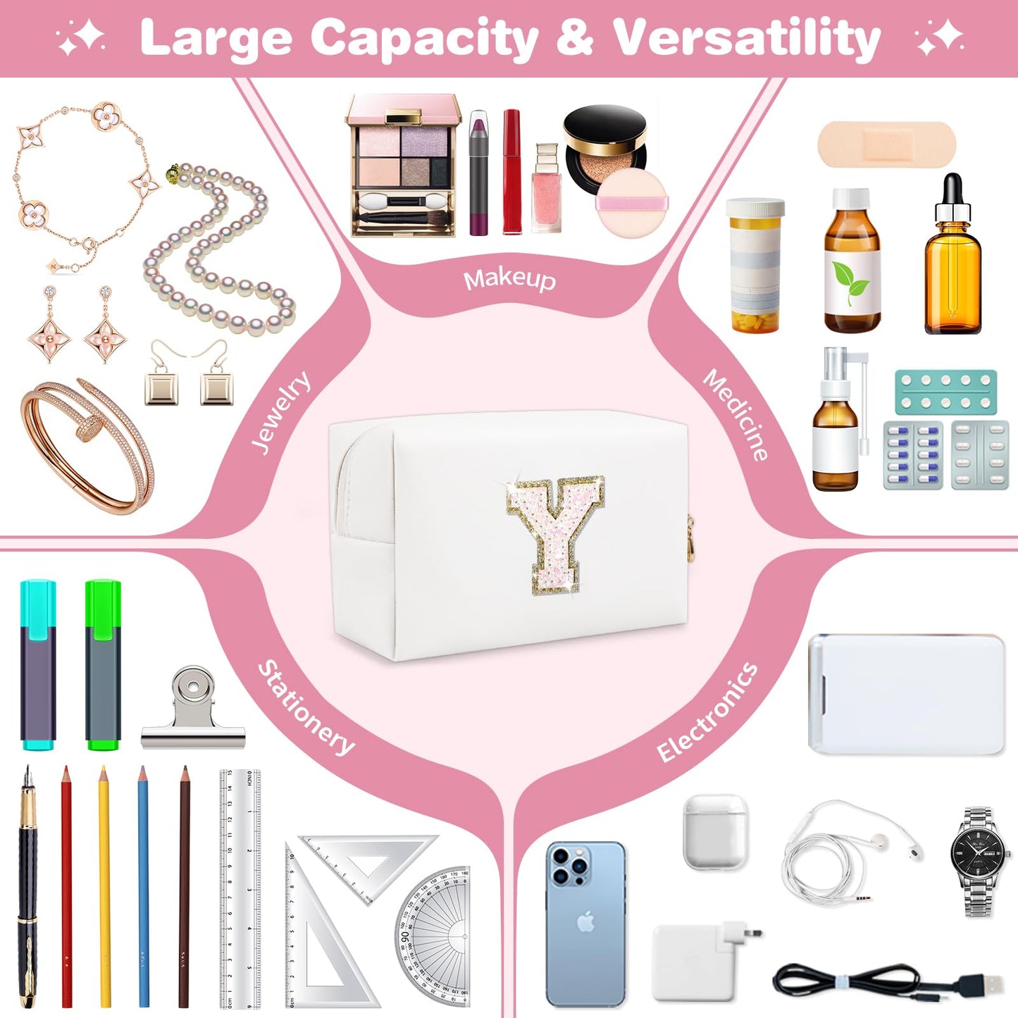 Small Initial Patch Makeup Bag Personalized Gifts Make Up Bag,White Cute PU Leather Glitter Letter Cosmetic Bag with Zipper,Trendy Portable Travel Toiletry Pouch,Preppy Stuff for Teen Girls Women Y