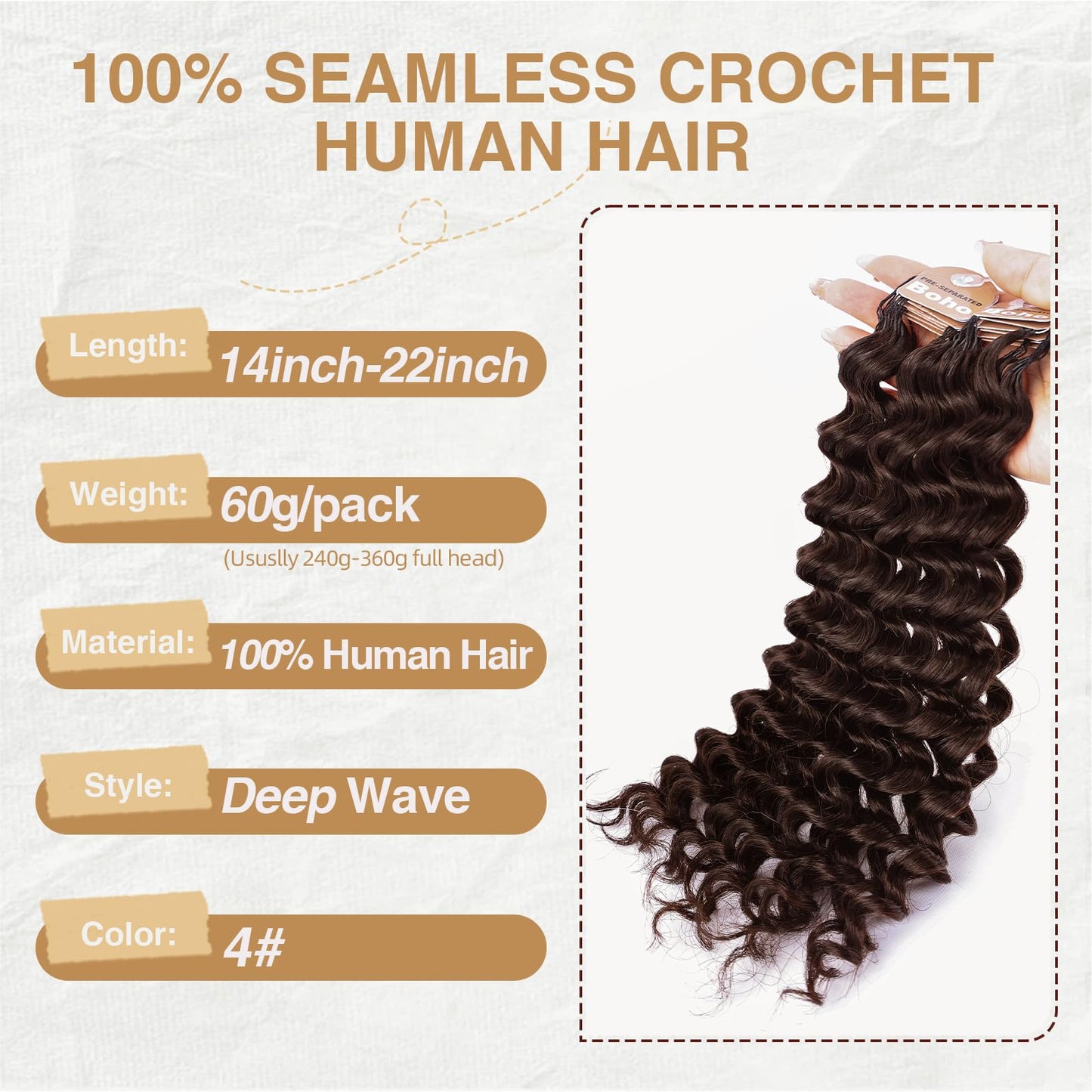 Human Crochet Hair for Black Women 14 Inch 60g Pre Separated 50 Strands Deep Wave Feather Crochet Human Hair Invisible Miracle Knots Boho Crochet Hair Human Hair Crochet Bundles(Chocolate Brown 4#)